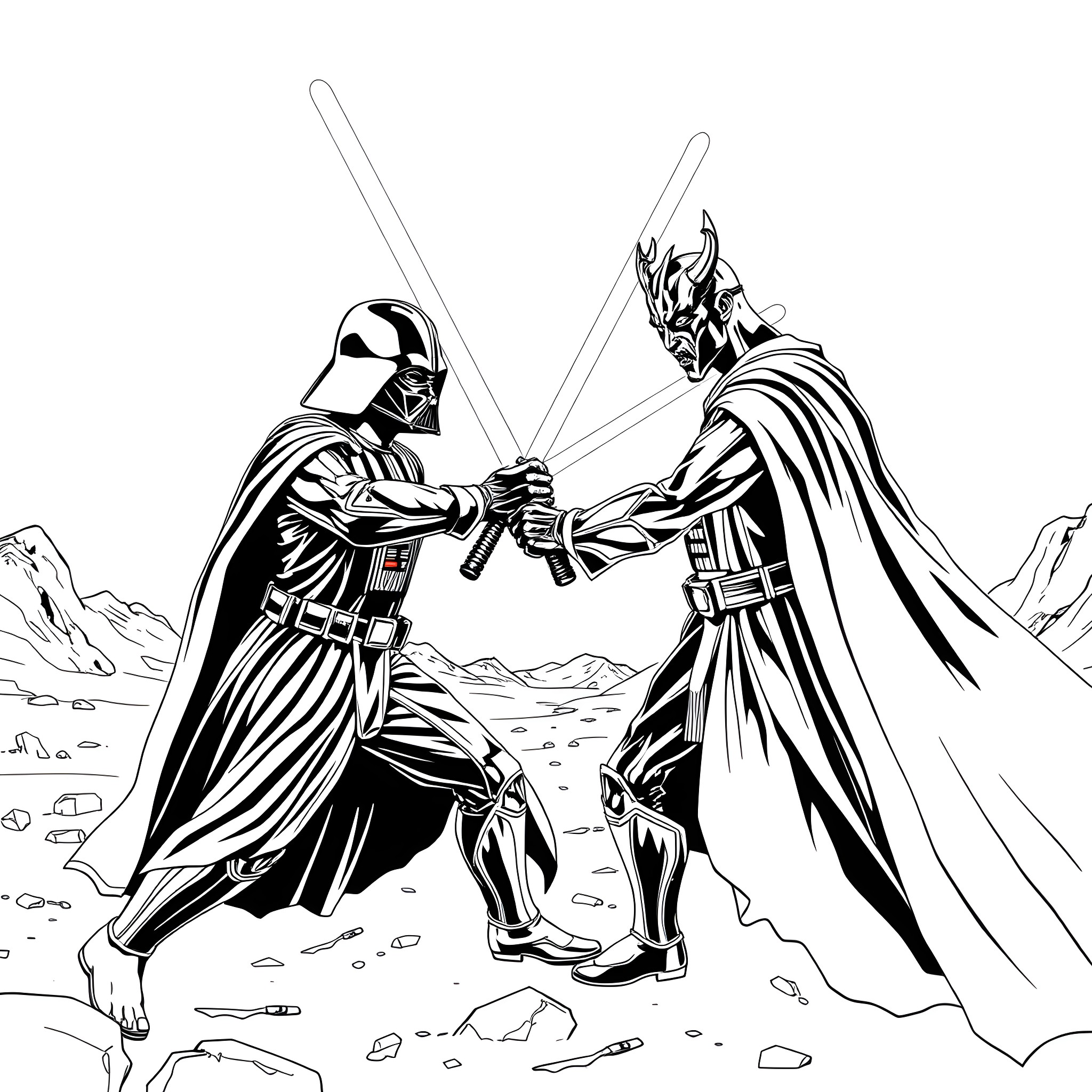 Darth Vader and Sith Lord in epic lightsaber duel Coloring Page (free black-and-white line drawing printable PDF for all, from beginners to advanced learners, including children, teens, adults, and seniors)