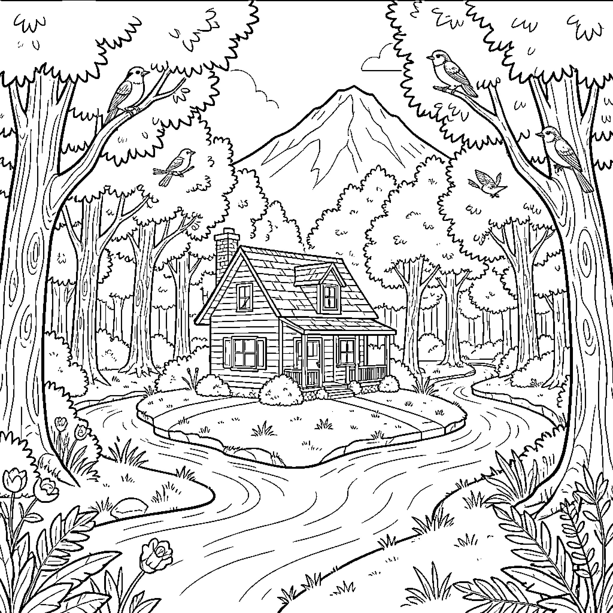 Casa nestled in a peaceful forest near a river Coloring Page (free black-and-white line drawing printable PDF for all, from beginners to advanced learners, including children, teens, adults, and seniors)