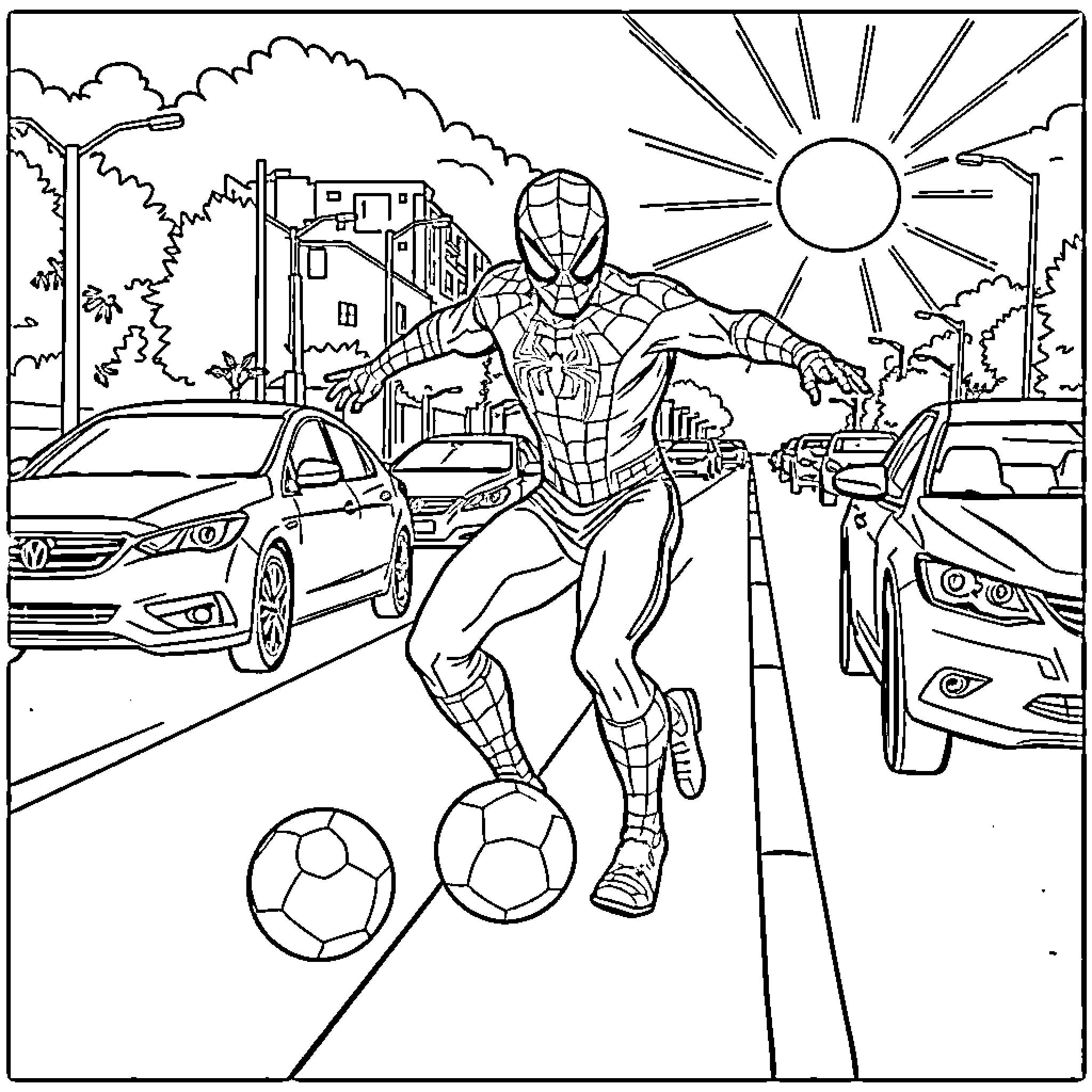 Spiderman playing soccer in the city Coloring Page (free black-and-white line drawing printable PDF for all, from beginners to advanced learners, including children, teens, adults, and seniors)