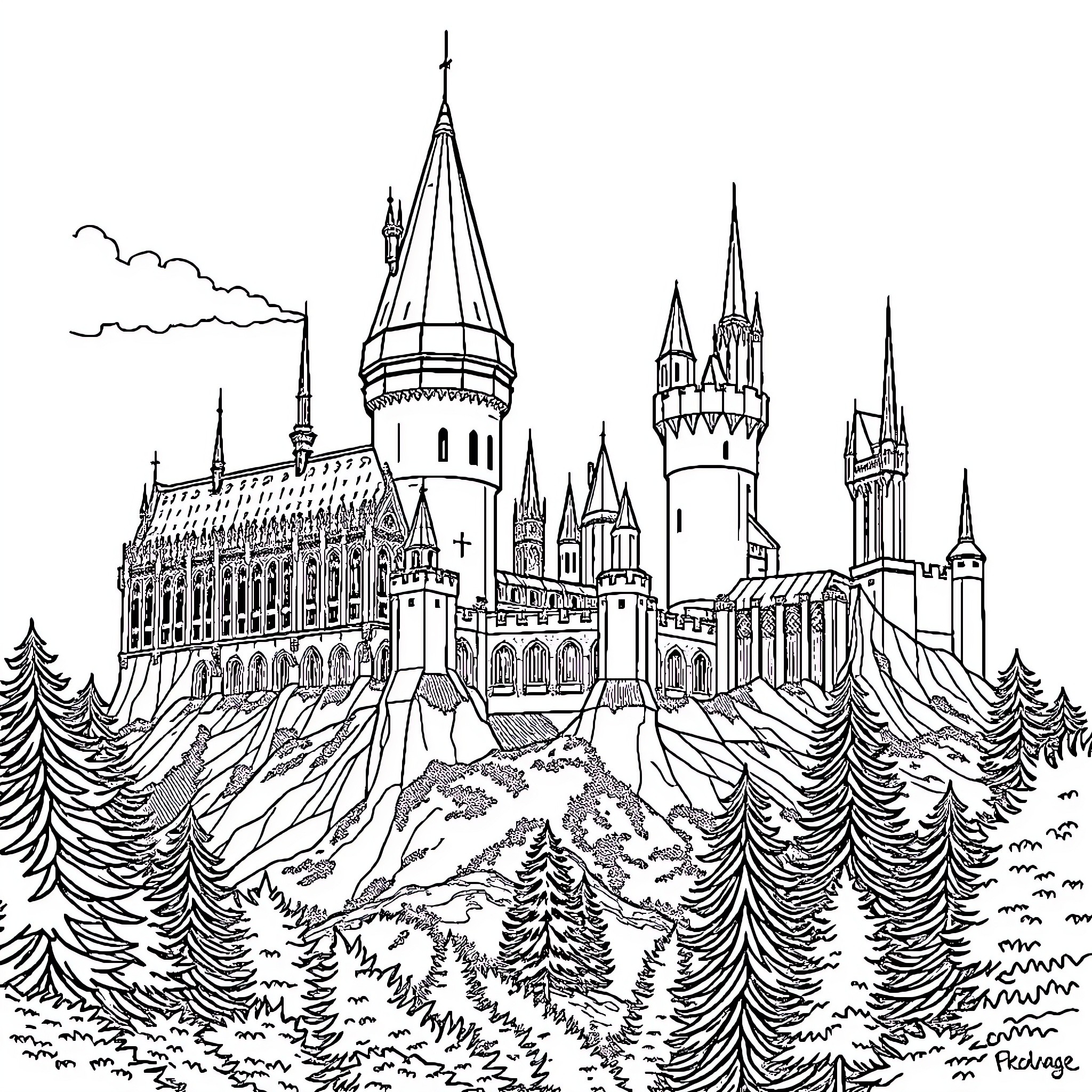 Hogwarts Castle in Magical Woodland Setting Coloring Page (free black-and-white line drawing printable PDF for all, from beginners to advanced learners, including children, teens, adults, and seniors)