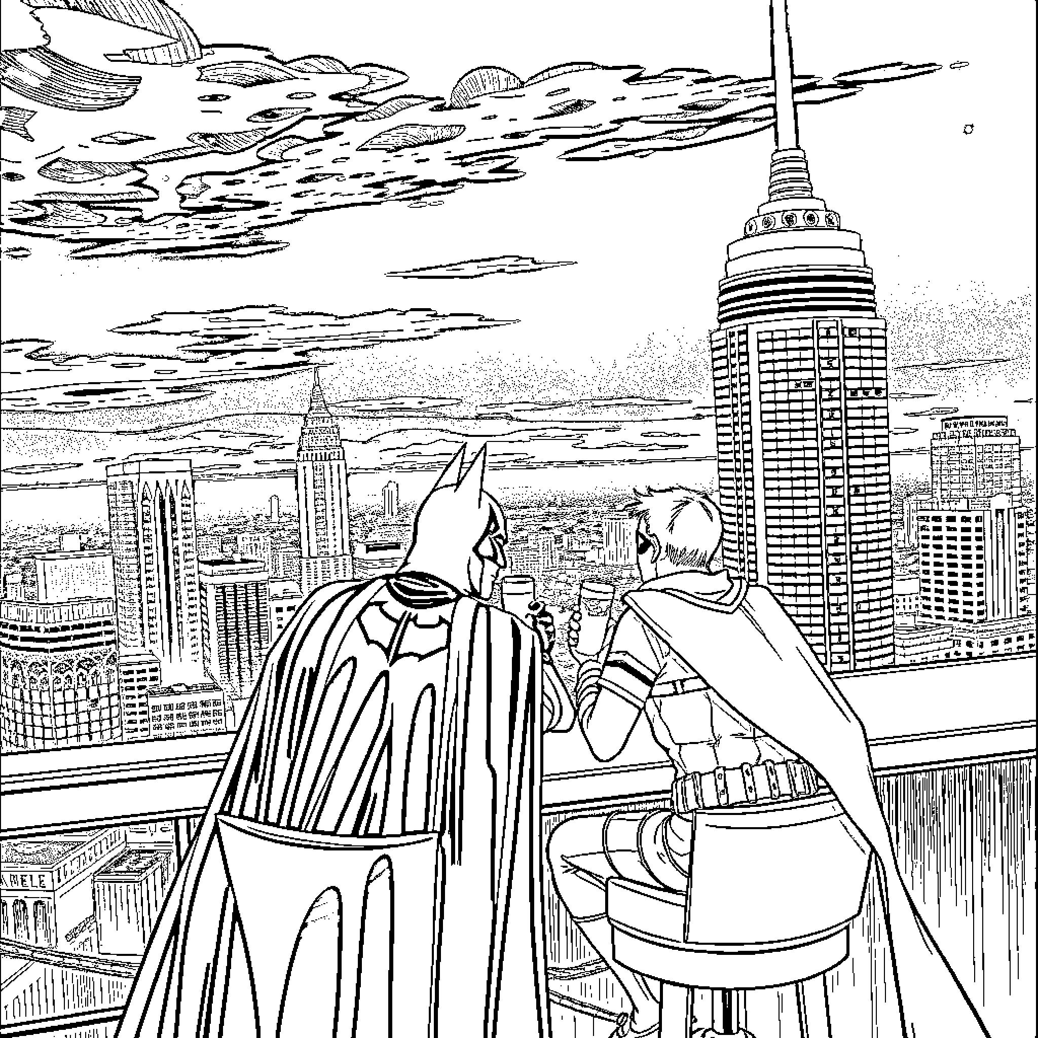 Batman overlooking the city skyline Coloring Page (free black-and-white line drawing printable PDF for all, from beginners to advanced learners, including children, teens, adults, and seniors)