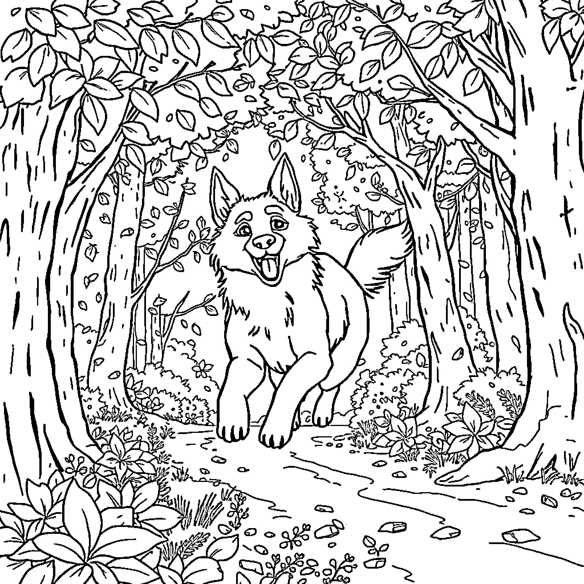 Dog exploring the enchanted forest Coloring Page (free black-and-white line drawing printable PDF for all, from beginners to advanced learners, including children, teens, adults, and seniors)