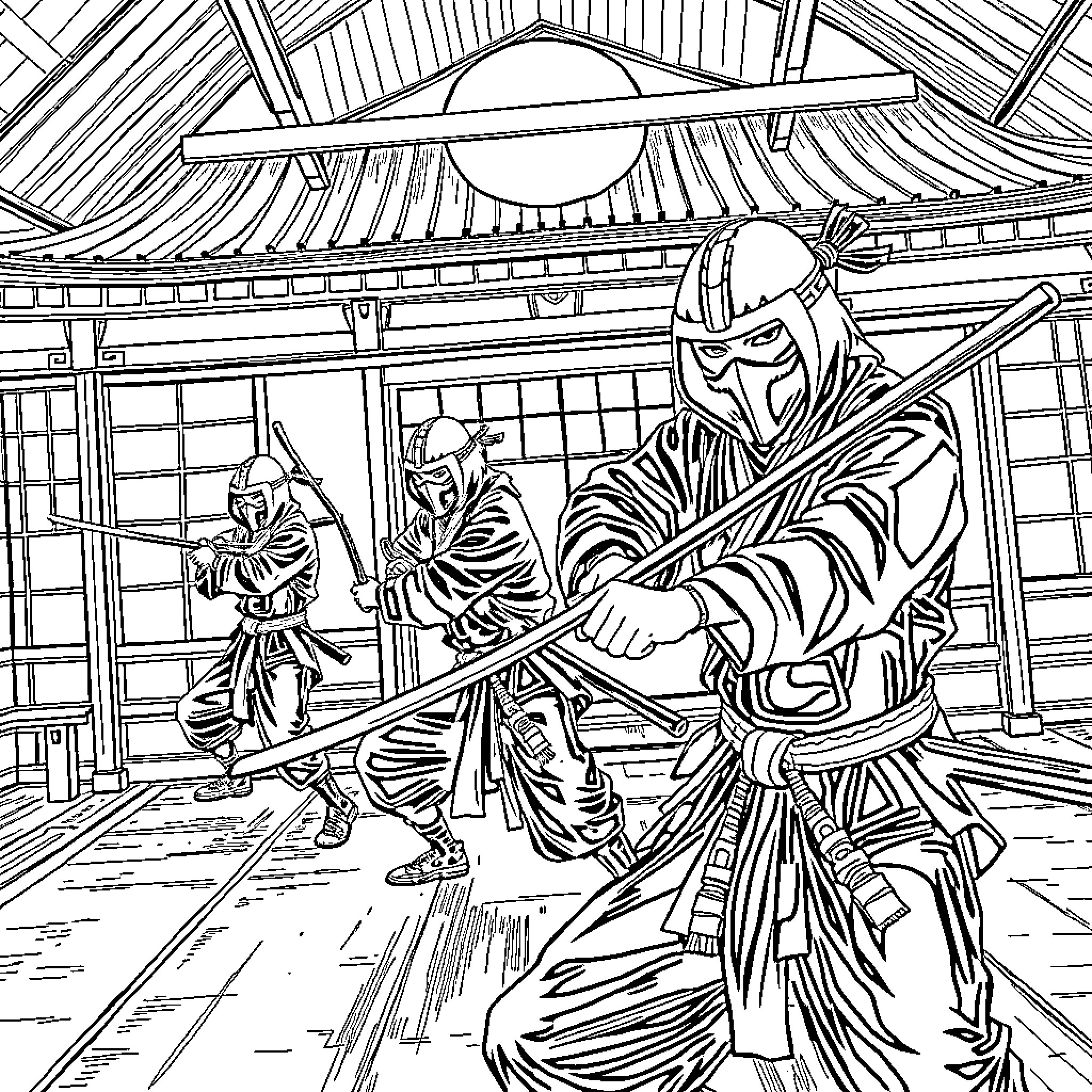 Demon Hunter Battles Ninjas in Pagoda Courtyard Coloring Page (free black-and-white line drawing printable PDF for all, from beginners to advanced learners, including children, teens, adults, and seniors)