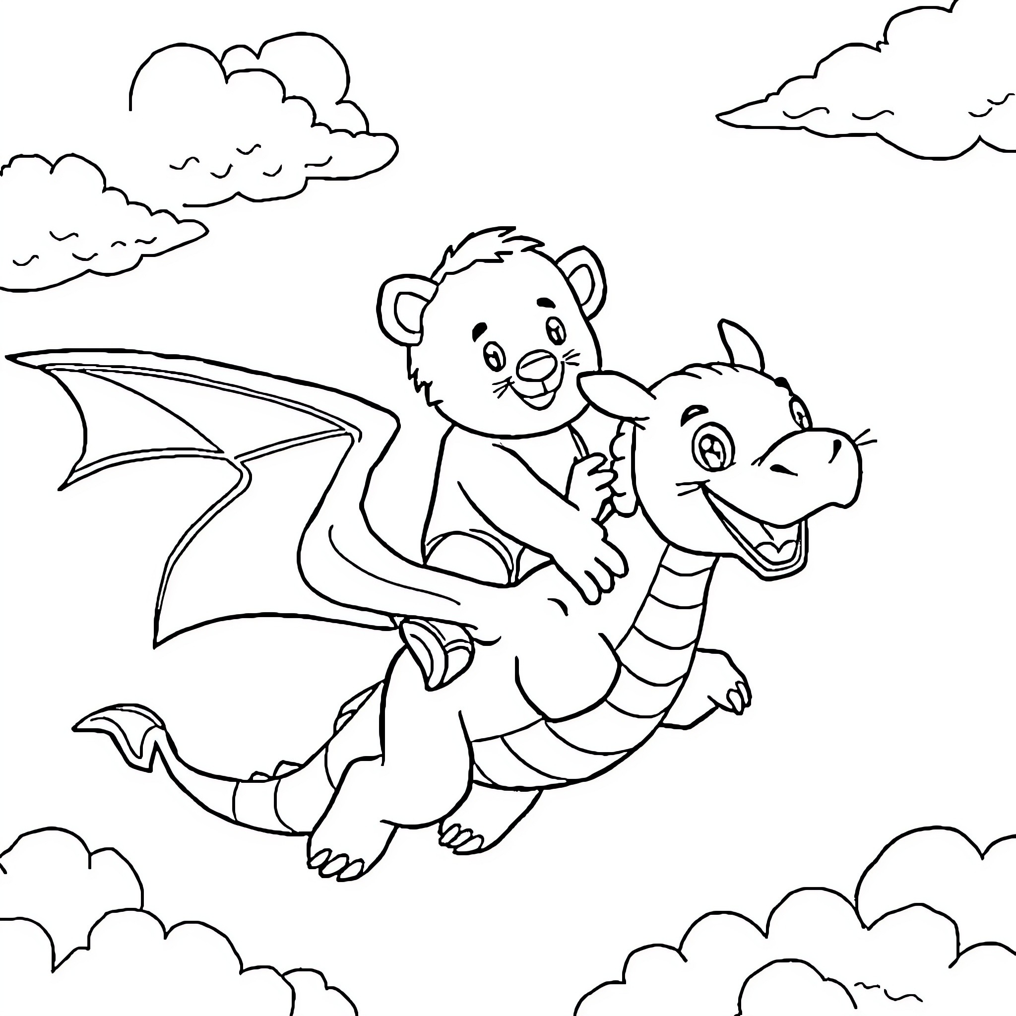 Daniel Tiger Riding a Friendly Dragon Coloring Page (free black-and-white line drawing printable PDF for all, from beginners to advanced learners, including children, teens, adults, and seniors)