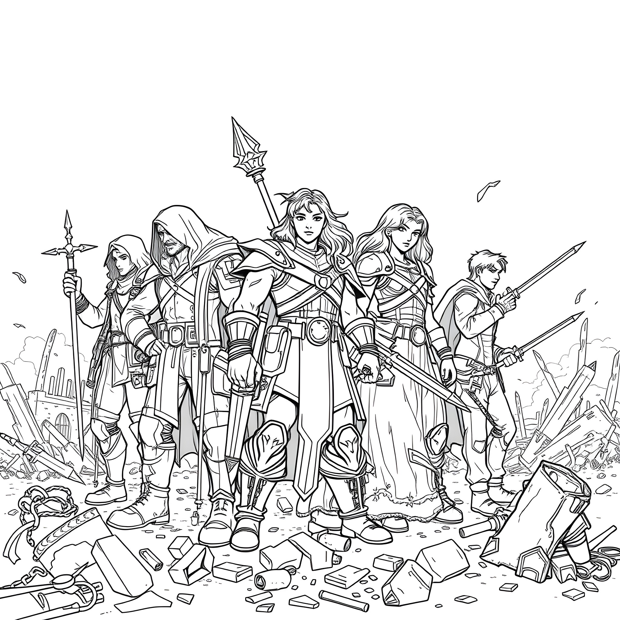 Hero warriors in battle gear facing adversaries Coloring Page (free black-and-white line drawing printable PDF for all, from beginners to advanced learners, including children, teens, adults, and seniors)