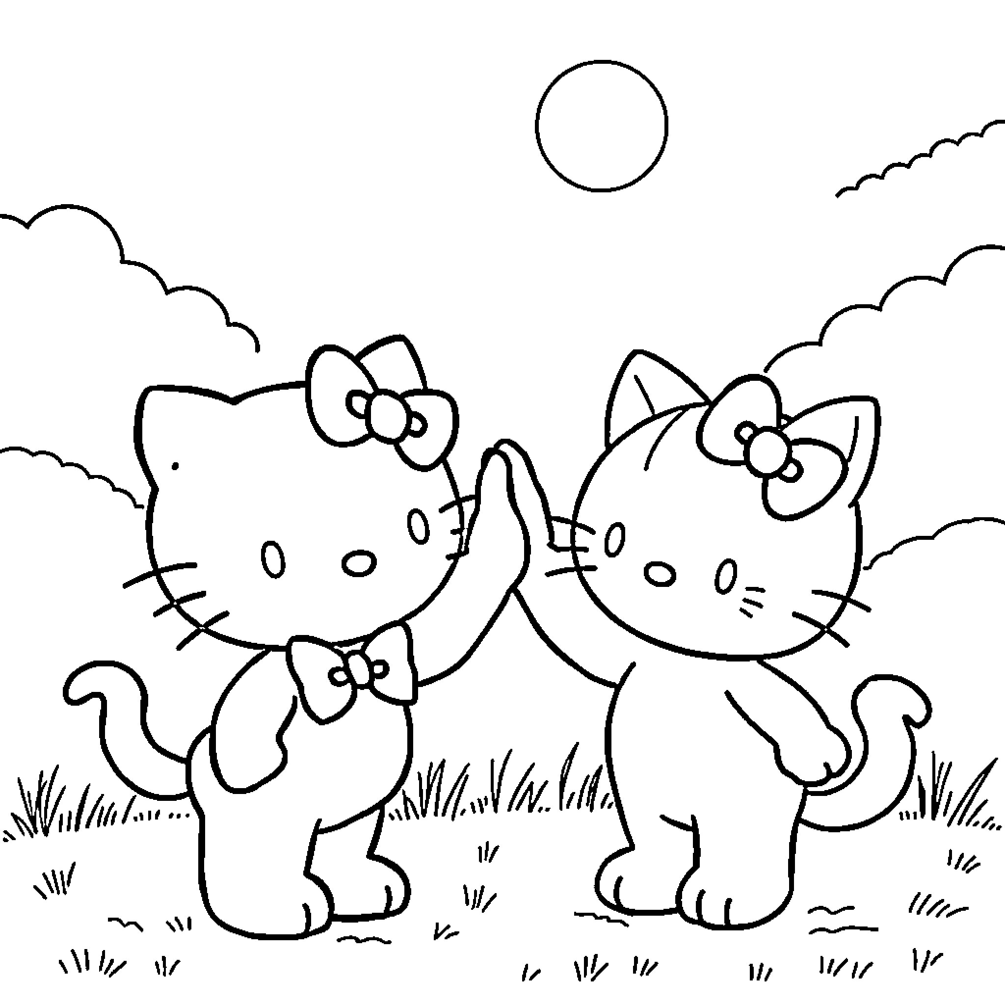 Hello Kitty and Kitten Playing in the Park Coloring Page (free black-and-white line drawing printable PDF for all, from beginners to advanced learners, including children, teens, adults, and seniors)