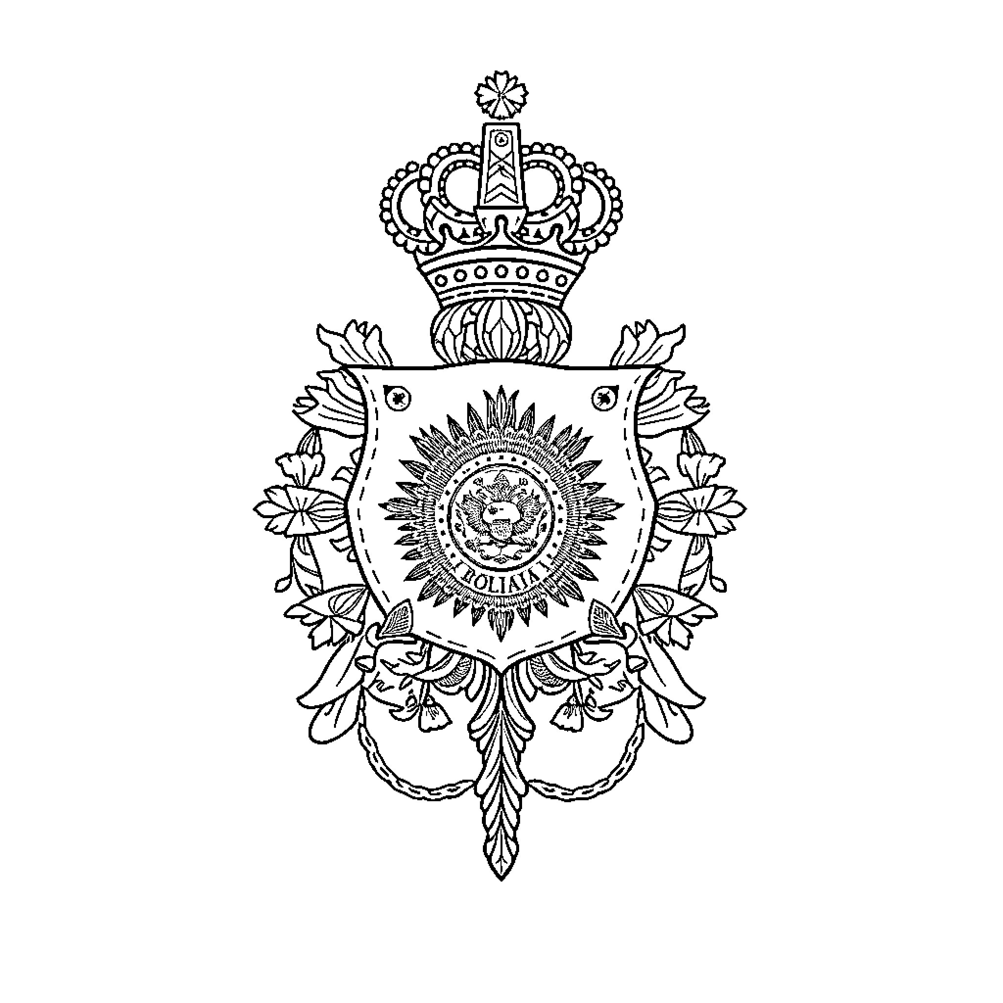 Bolivia Shield with Ornate Crown and Decorative Elements Coloring Page (free black-and-white line drawing printable PDF for all, from beginners to advanced learners, including children, teens, adults, and seniors)