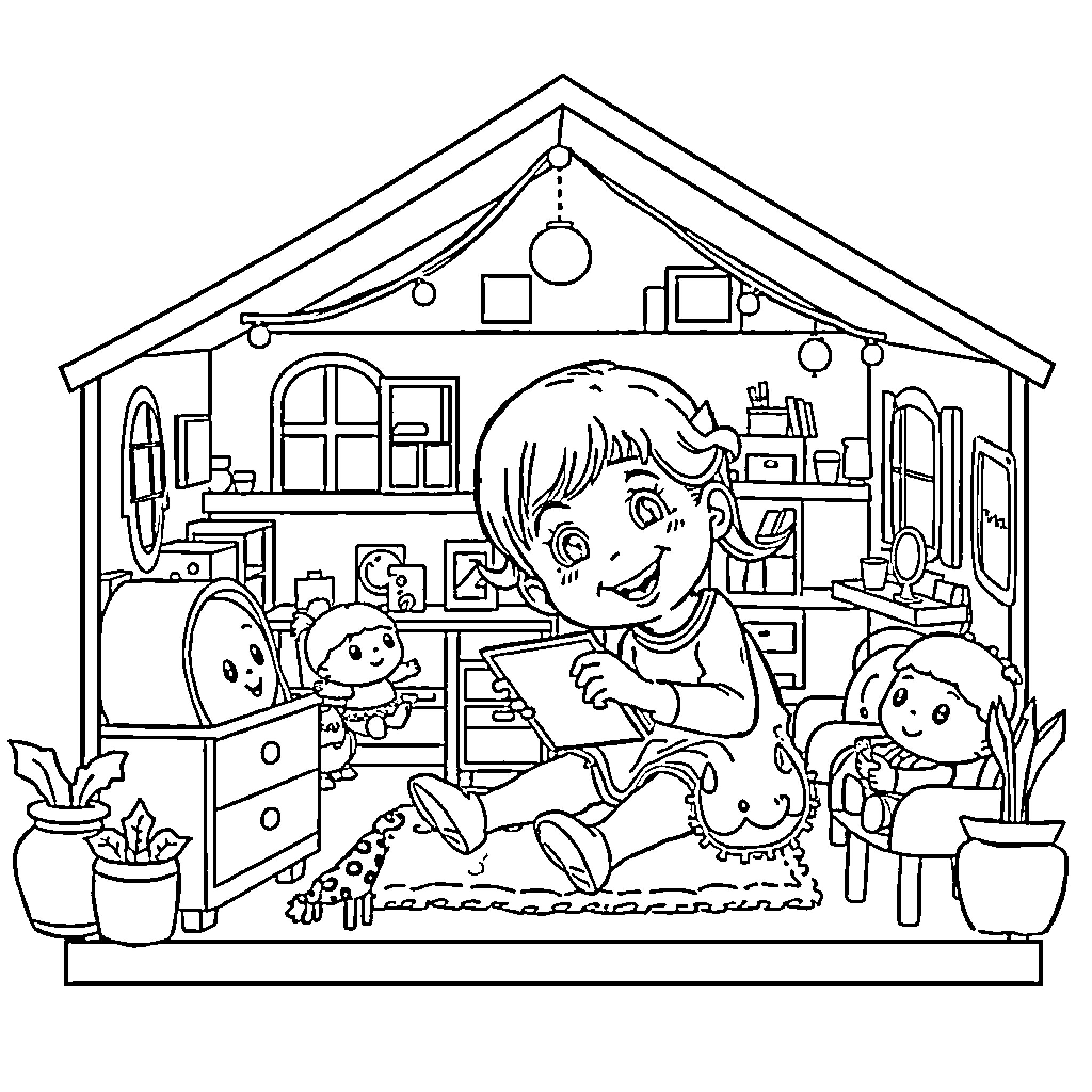 Gaby's Cozy Playroom Adventure Coloring Page (free black-and-white line drawing printable PDF for all, from beginners to advanced learners, including children, teens, adults, and seniors)