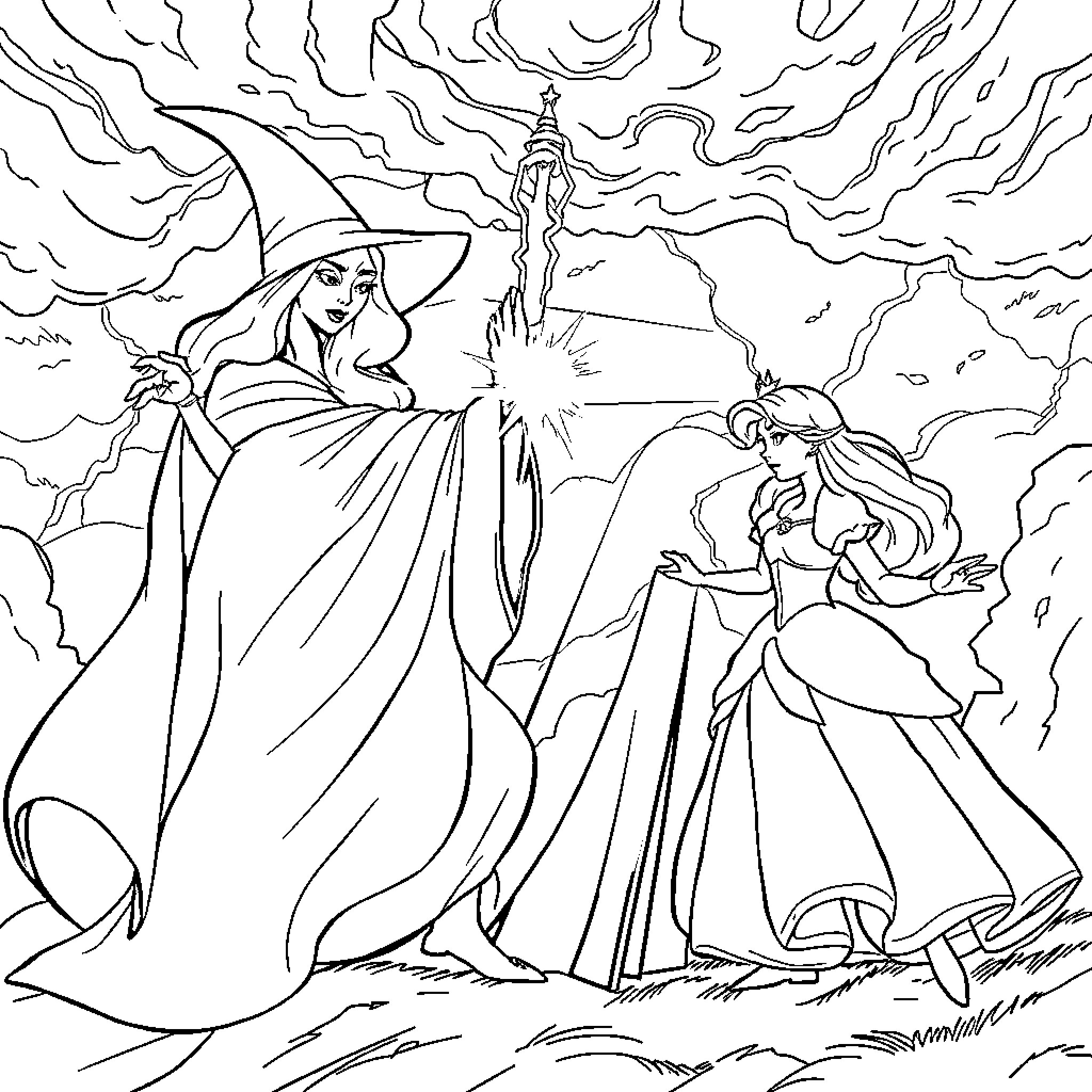 Princess Encounters Magical Sorcerer in Enchanting Scene Coloring Page (free black-and-white line drawing printable PDF for all, from beginners to advanced learners, including children, teens, adults, and seniors)