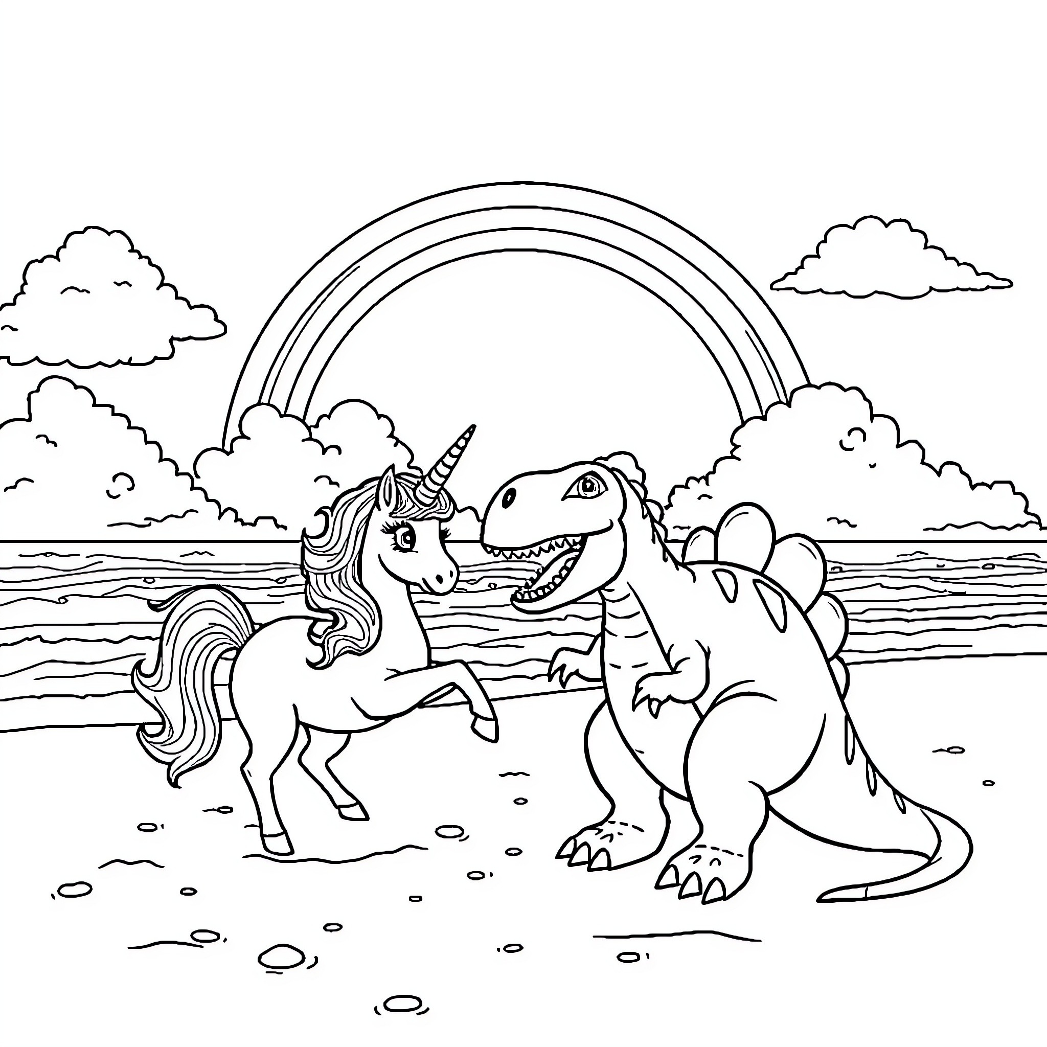 Unicorn and Dinosaur Playing by the Rainbow Coloring Page (free black-and-white line drawing printable PDF for all, from beginners to advanced learners, including children, teens, adults, and seniors)