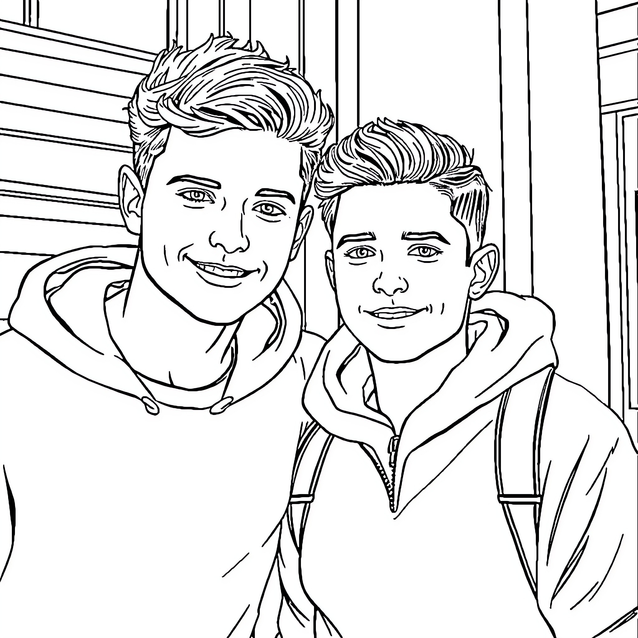 Noah Schnapp and a friend posing for a picture Coloring Page (free black-and-white line drawing printable PDF for all, from beginners to advanced learners, including children, teens, adults, and seniors)