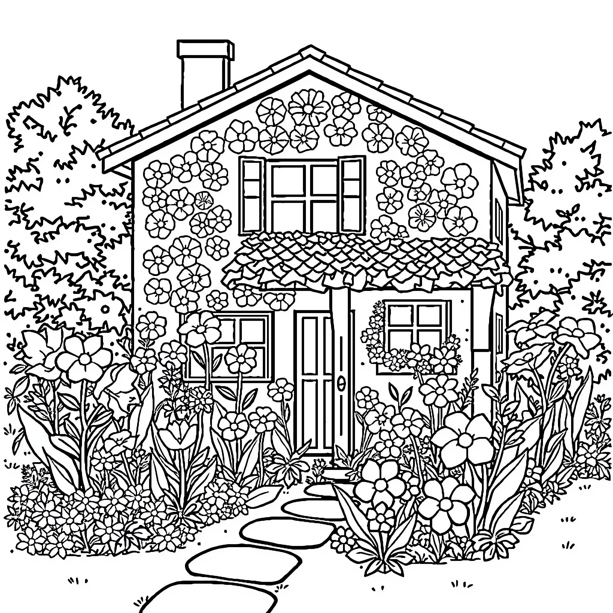 House surrounded by lush floral garden Coloring Page (free black-and-white line drawing printable PDF for all, from beginners to advanced learners, including children, teens, adults, and seniors)