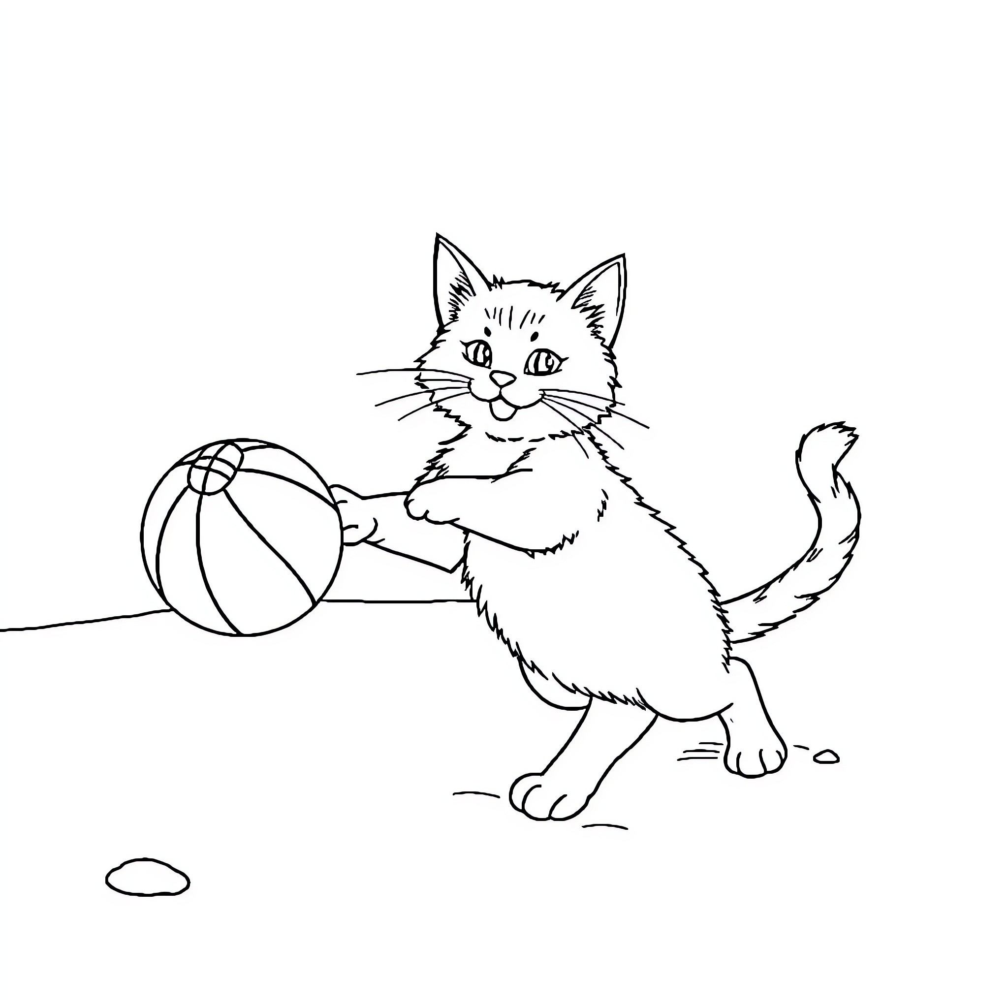 Cat playing with ball on the ground Coloring Page (free black-and-white line drawing printable PDF for all, from beginners to advanced learners, including children, teens, adults, and seniors)