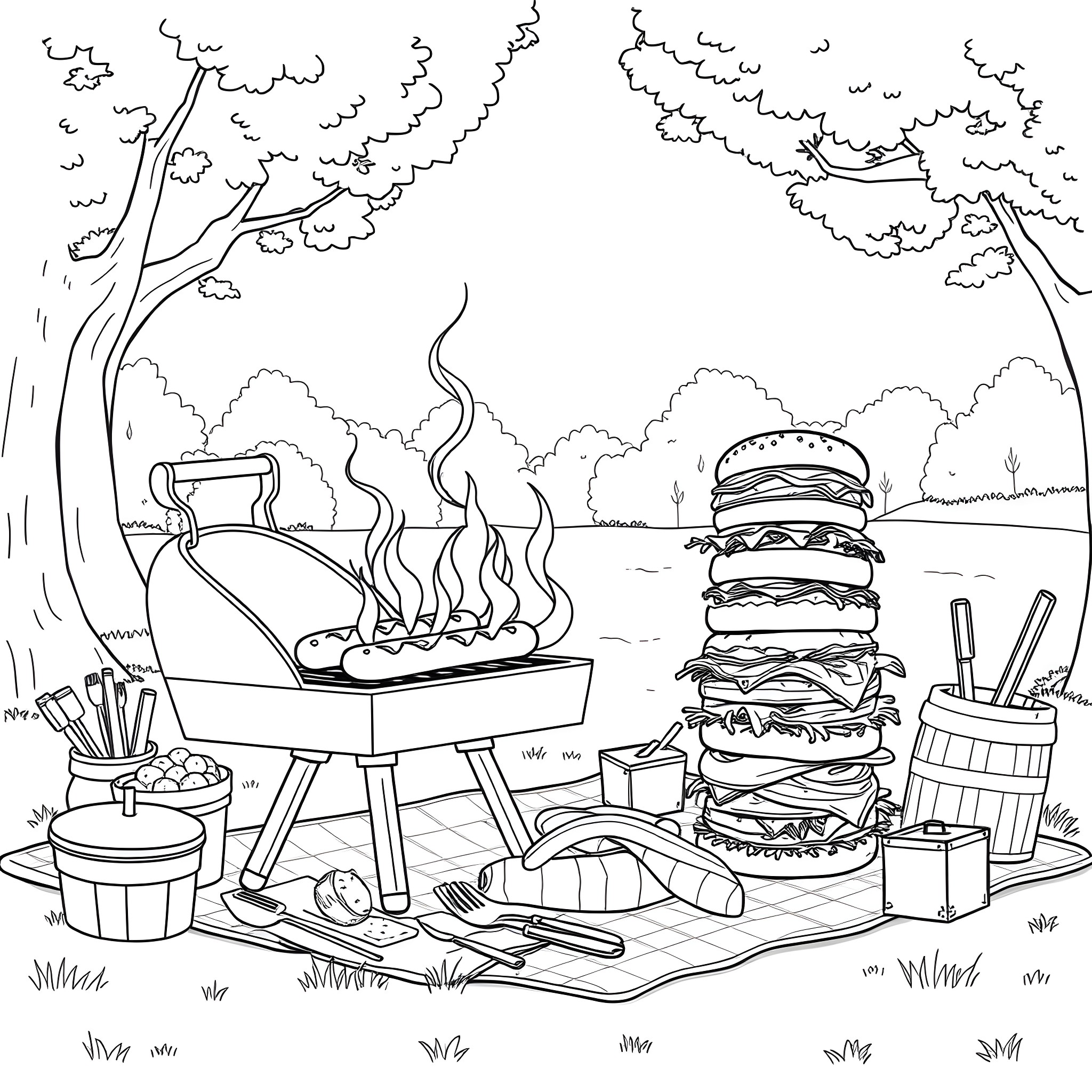 Hotdog barbecue and picnic scene in the woods Coloring Page (free black-and-white line drawing printable PDF for all, from beginners to advanced learners, including children, teens, adults, and seniors)