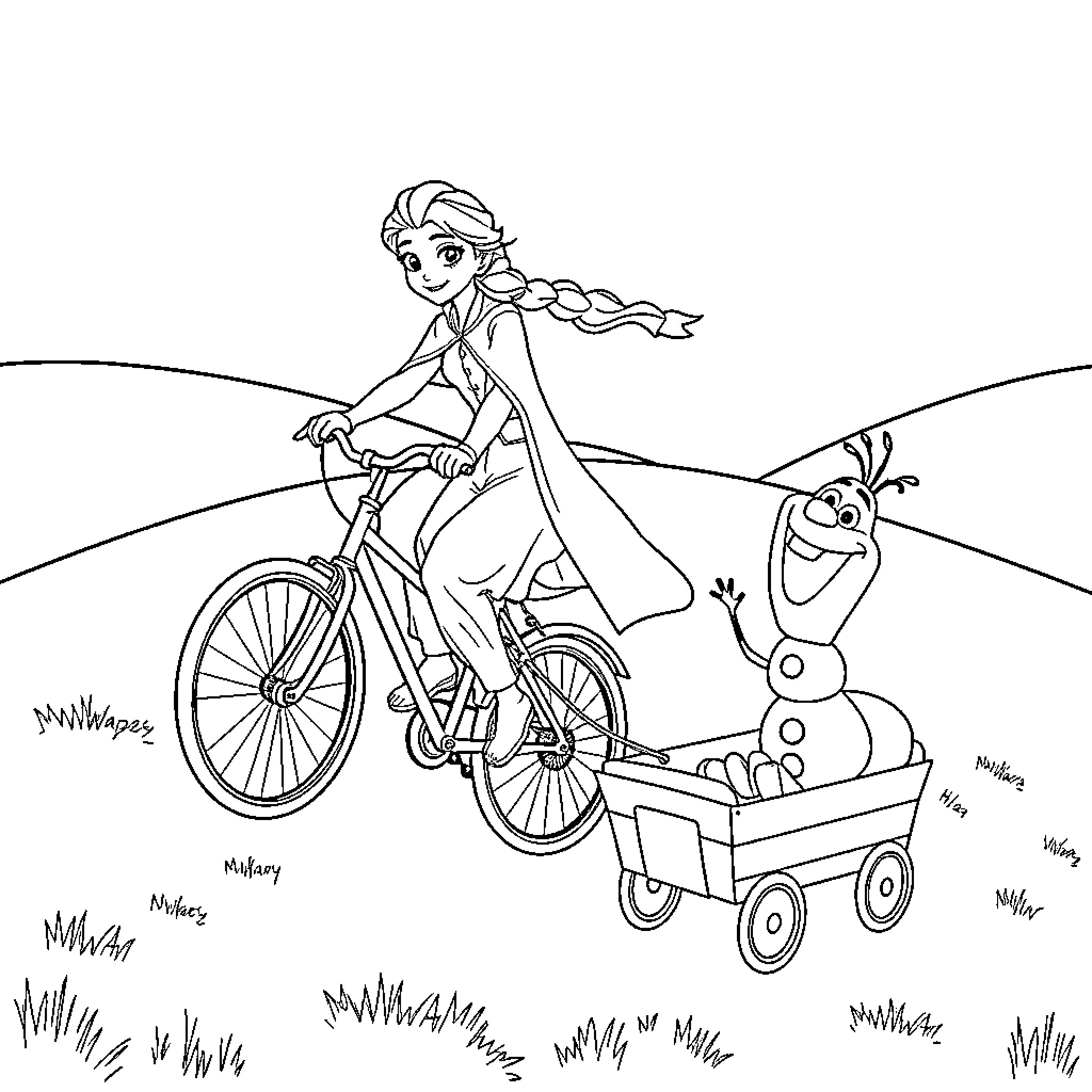 Elsa riding a bicycle with Olaf in tow Coloring Page (free black-and-white line drawing printable PDF for all, from beginners to advanced learners, including children, teens, adults, and seniors)