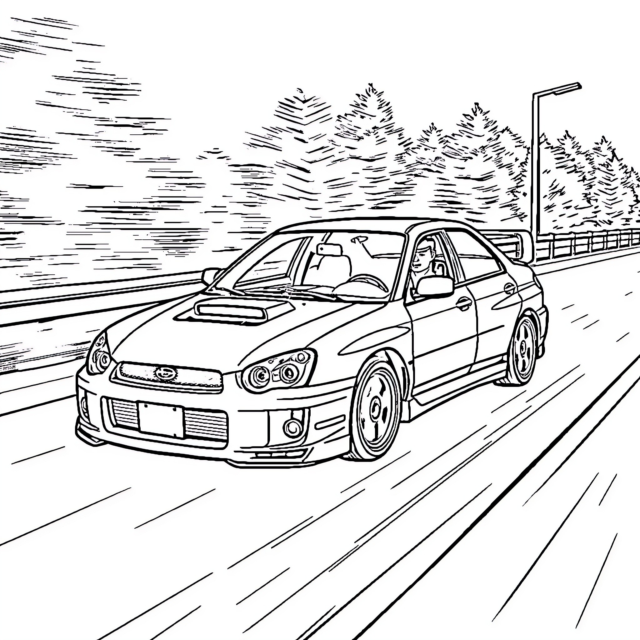 Car speeding on the highway Coloring Page (free black-and-white line drawing printable PDF for all, from beginners to advanced learners, including children, teens, adults, and seniors)
