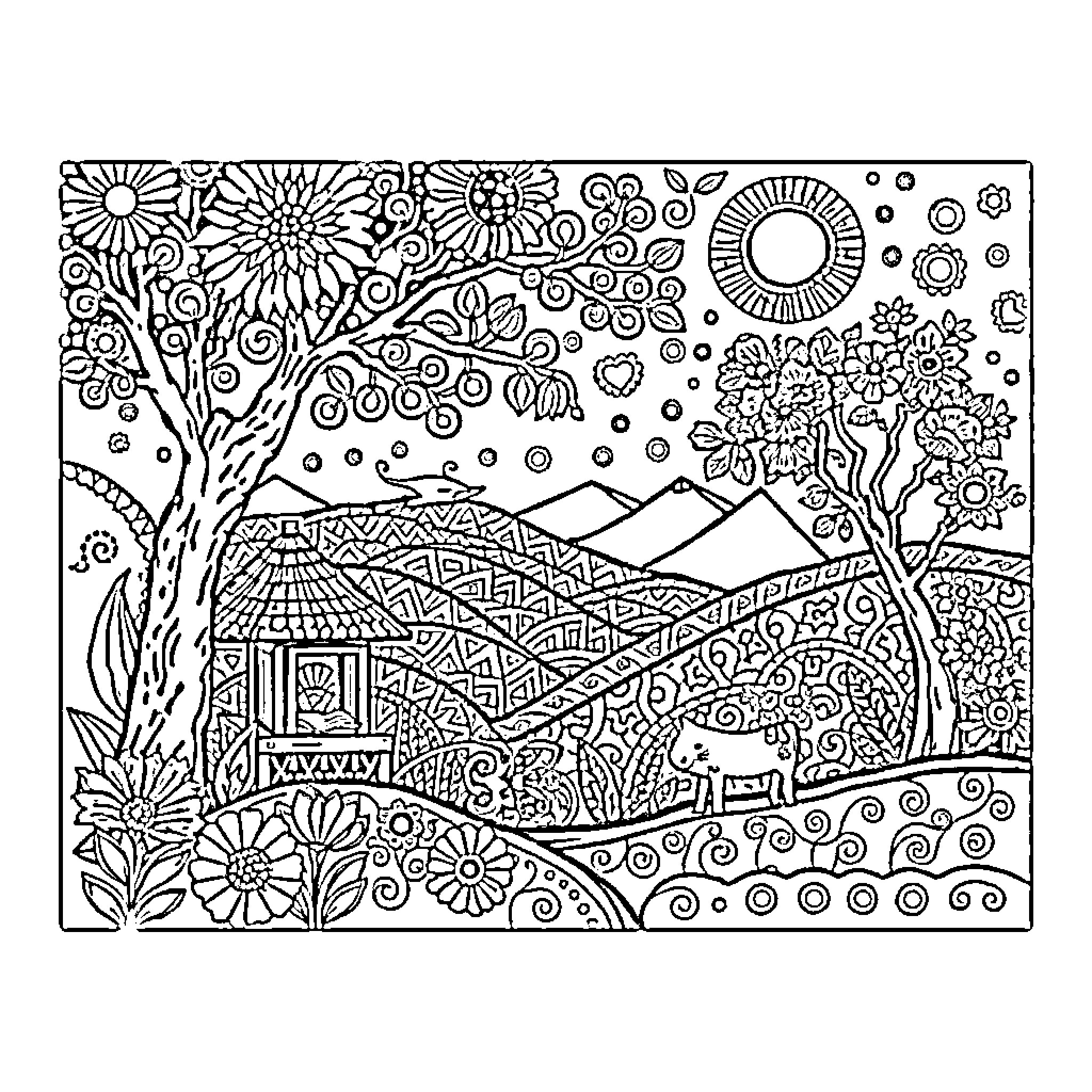 Madhubani Artistic Landscape with Floral Elements Coloring Page (free black-and-white line drawing printable PDF for all, from beginners to advanced learners, including children, teens, adults, and seniors)