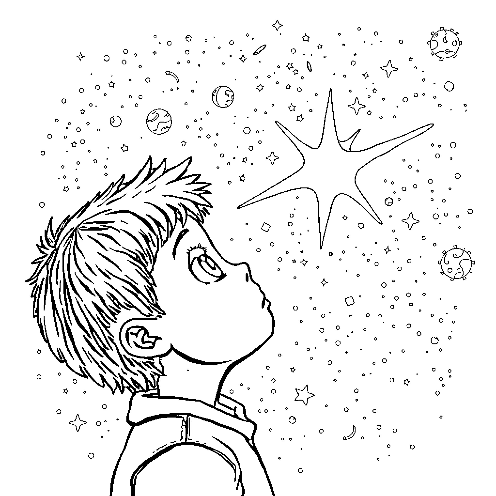Boy Gazing at Starry Night Sky Coloring Page (free black-and-white line drawing printable PDF for all, from beginners to advanced learners, including children, teens, adults, and seniors)
