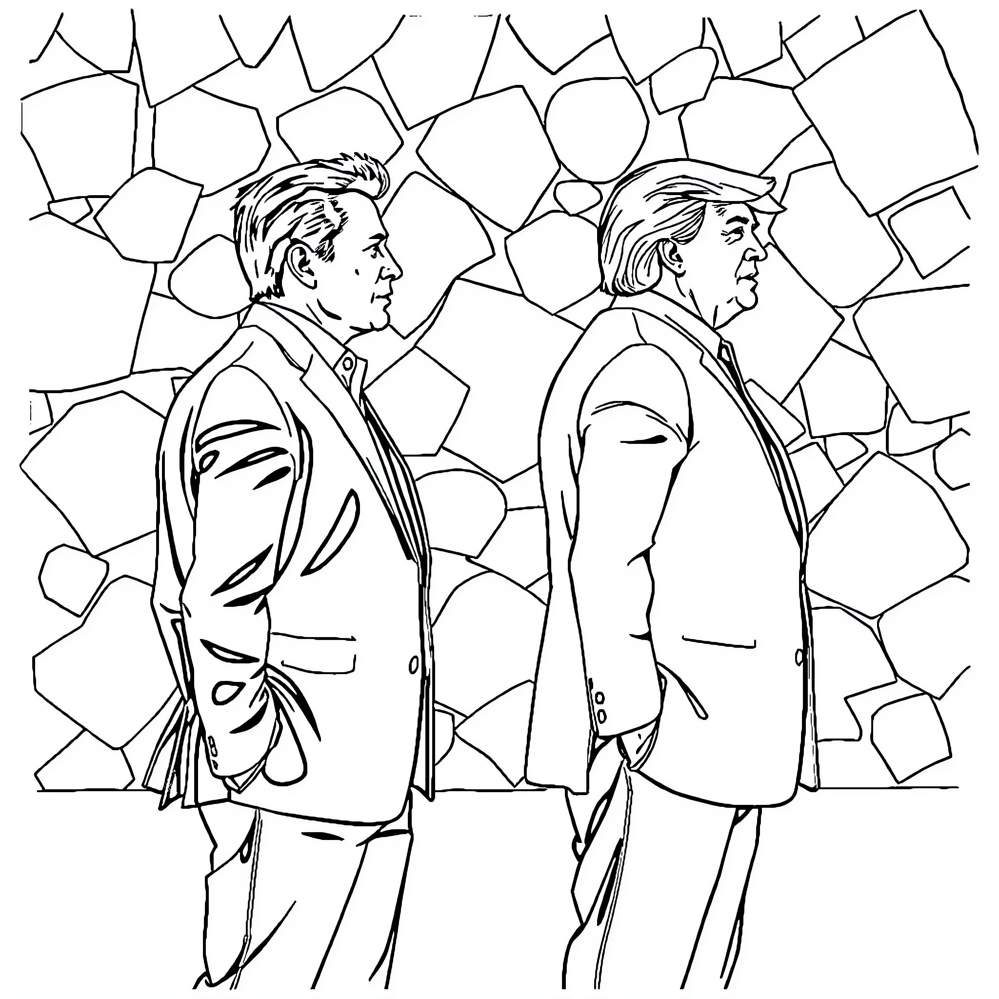 Elon Musk and Trump Figures Trapped in Cracked Facade Coloring Page (free black-and-white line drawing printable PDF for all, from beginners to advanced learners, including children, teens, adults, and seniors)