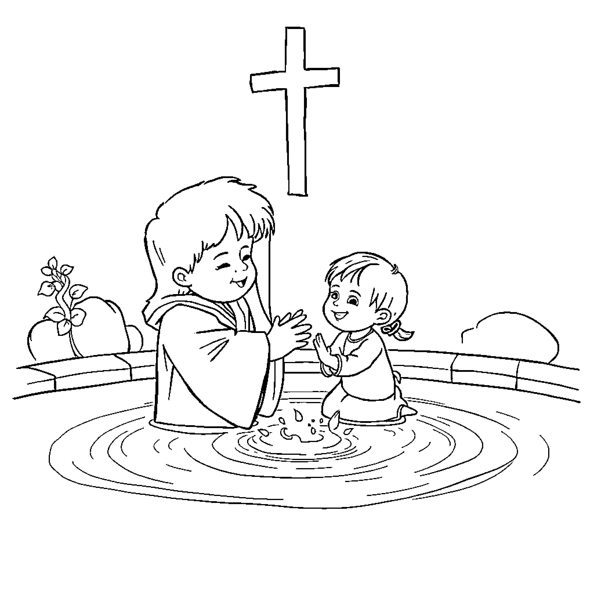 Baptism of Children at Church Coloring Page (free black-and-white line drawing printable PDF for all, from beginners to advanced learners, including children, teens, adults, and seniors)