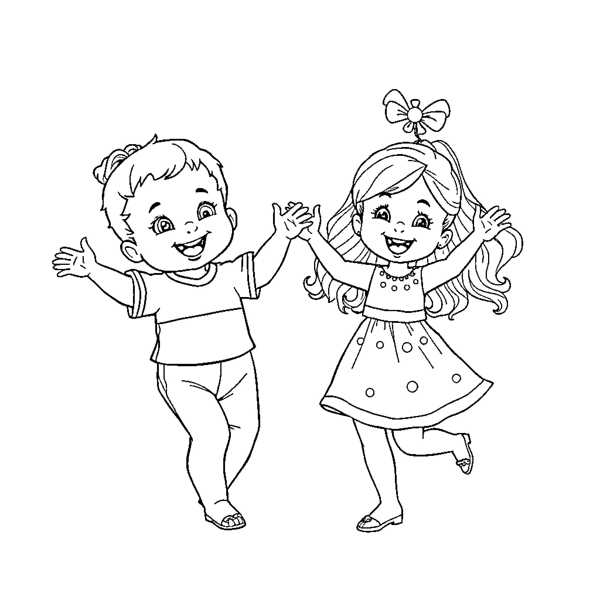 Baby boy and girl dancing happily together Coloring Page (free black-and-white line drawing printable PDF for all, from beginners to advanced learners, including children, teens, adults, and seniors)