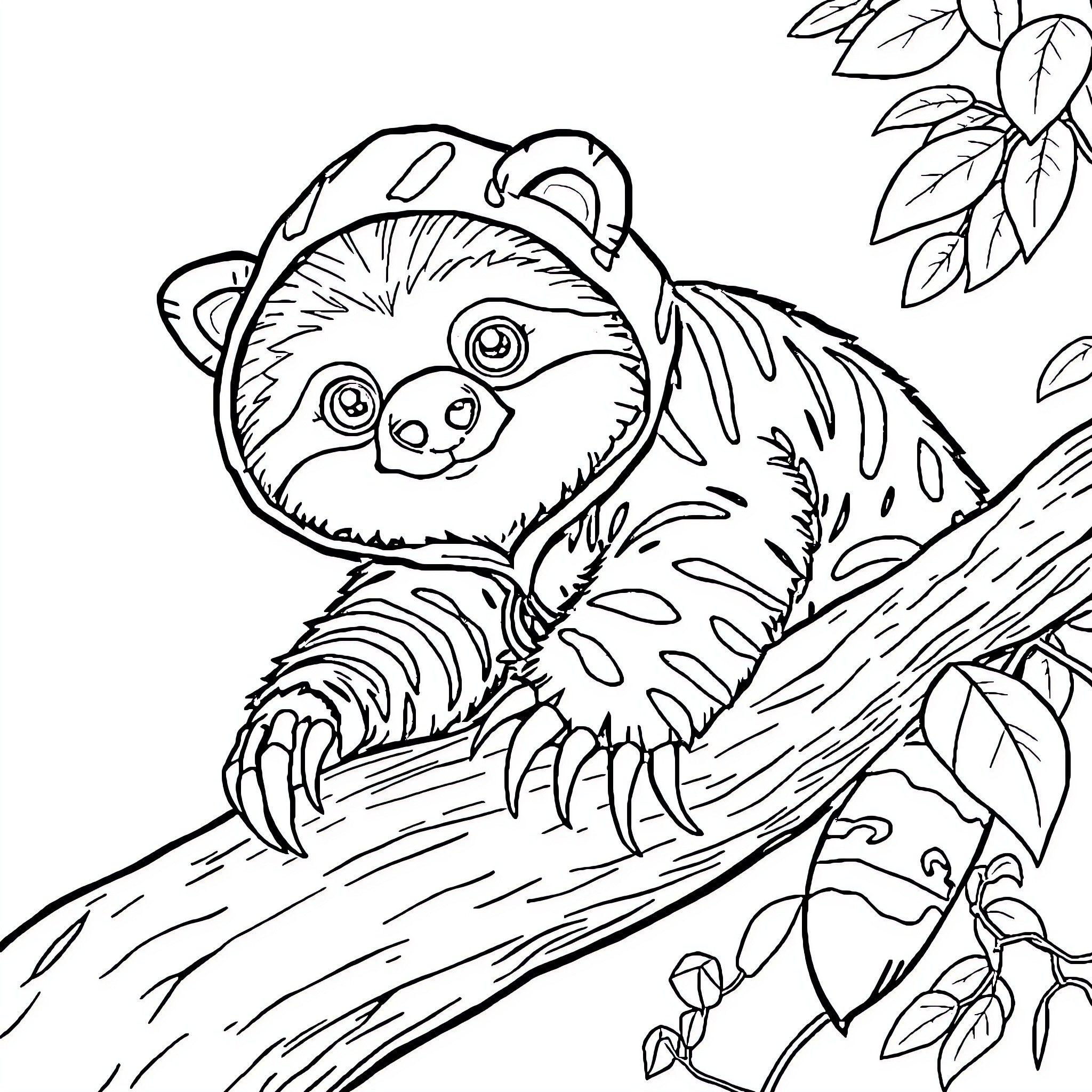 Sloth relaxing peacefully in a tree Coloring Page (free black-and-white line drawing printable PDF for all, from beginners to advanced learners, including children, teens, adults, and seniors)