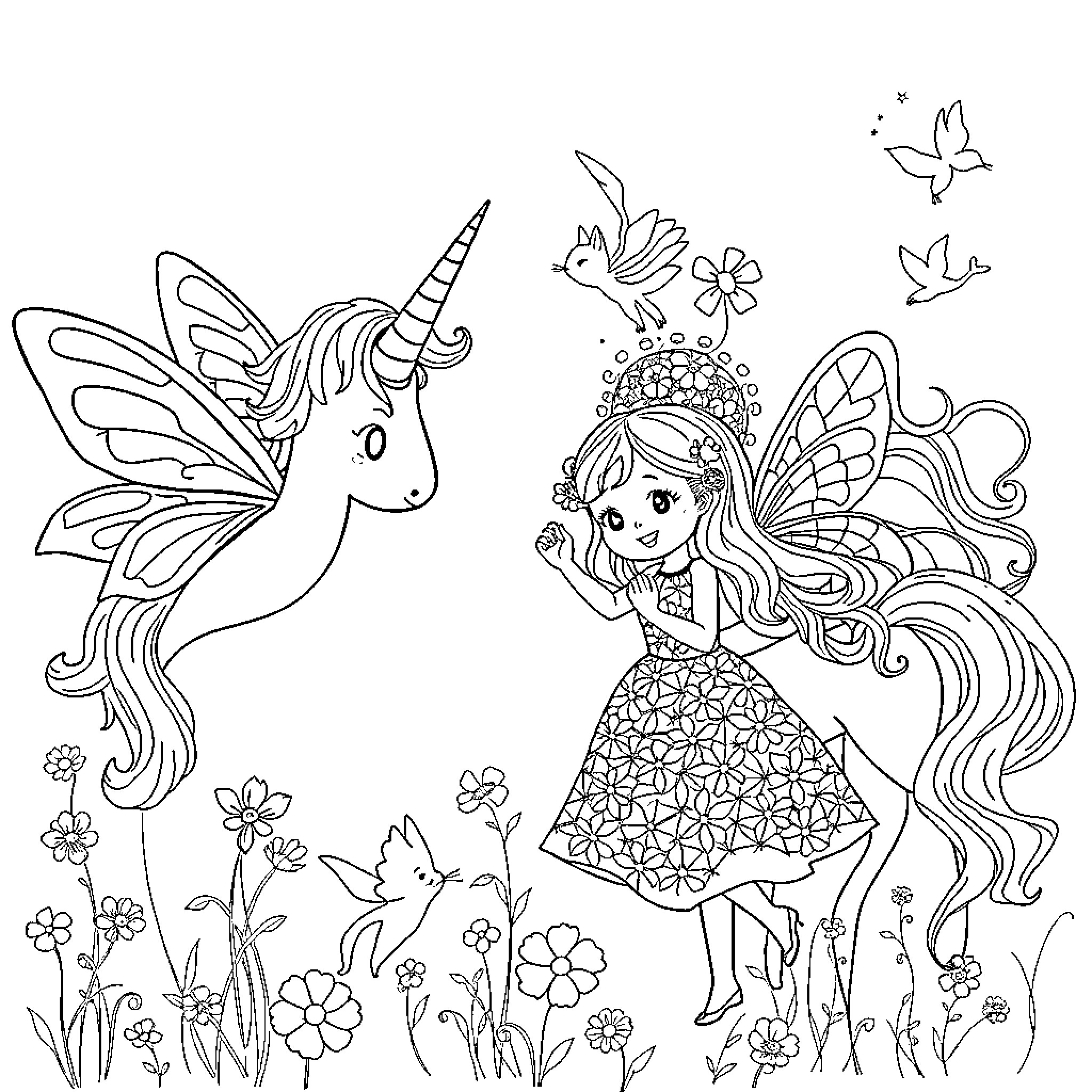 Fairy girl playing with magical unicorn in flower garden Coloring Page (free black-and-white line drawing printable PDF for all, from beginners to advanced learners, including children, teens, adults, and seniors)