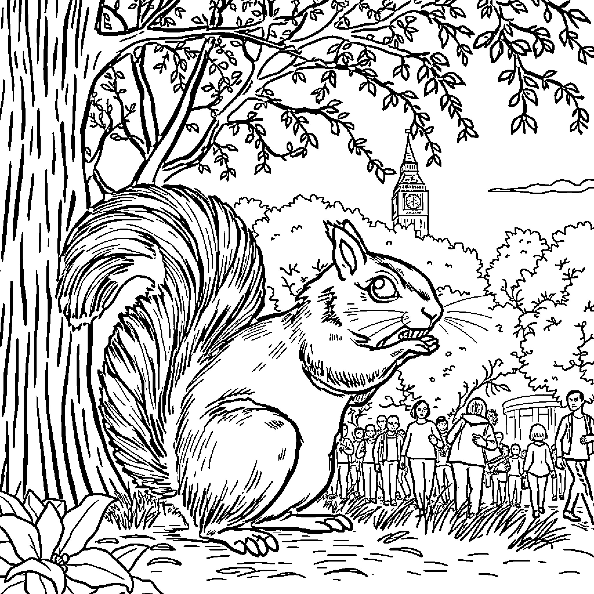 Squirrel exploring the urban park Coloring Page (free black-and-white line drawing printable PDF for all, from beginners to advanced learners, including children, teens, adults, and seniors)