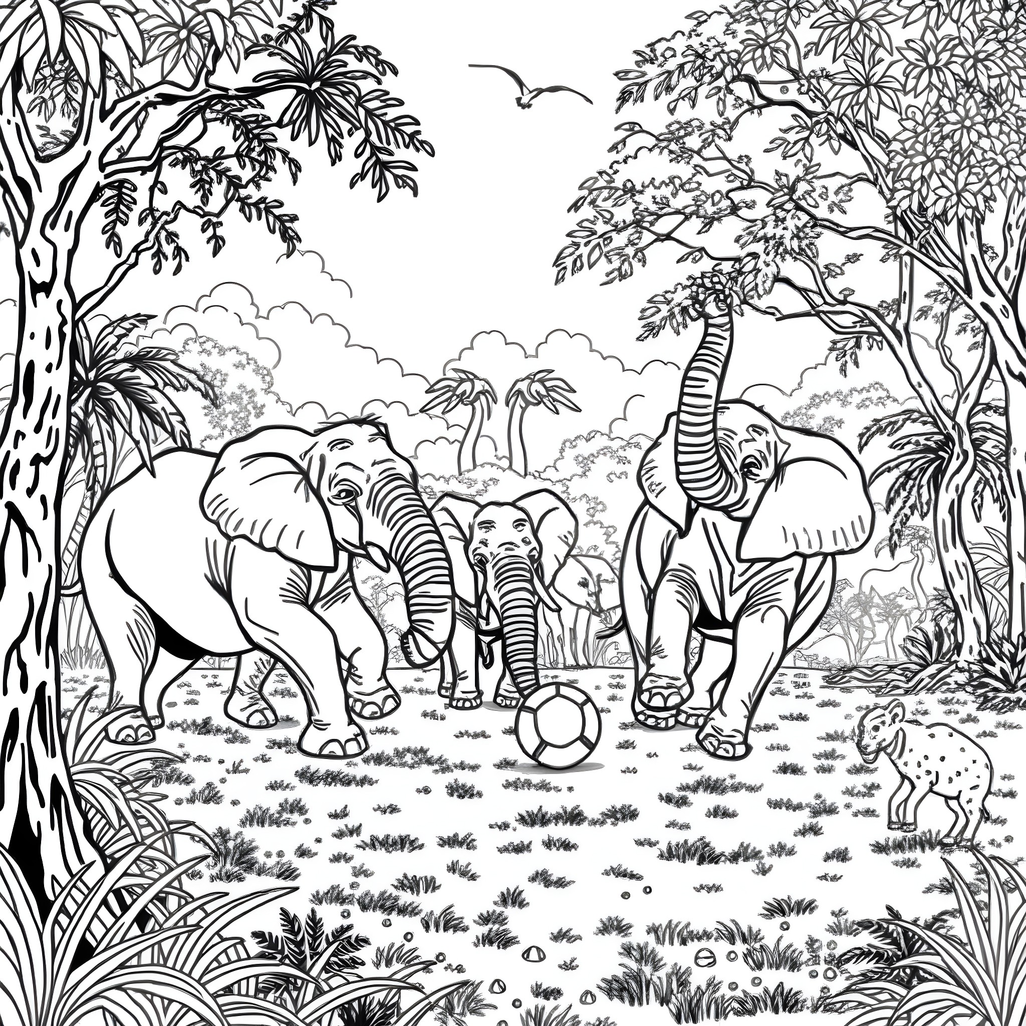 Elephant Family Playing Together in the Jungle Coloring Page (free black-and-white line drawing printable PDF for all, from beginners to advanced learners, including children, teens, adults, and seniors)