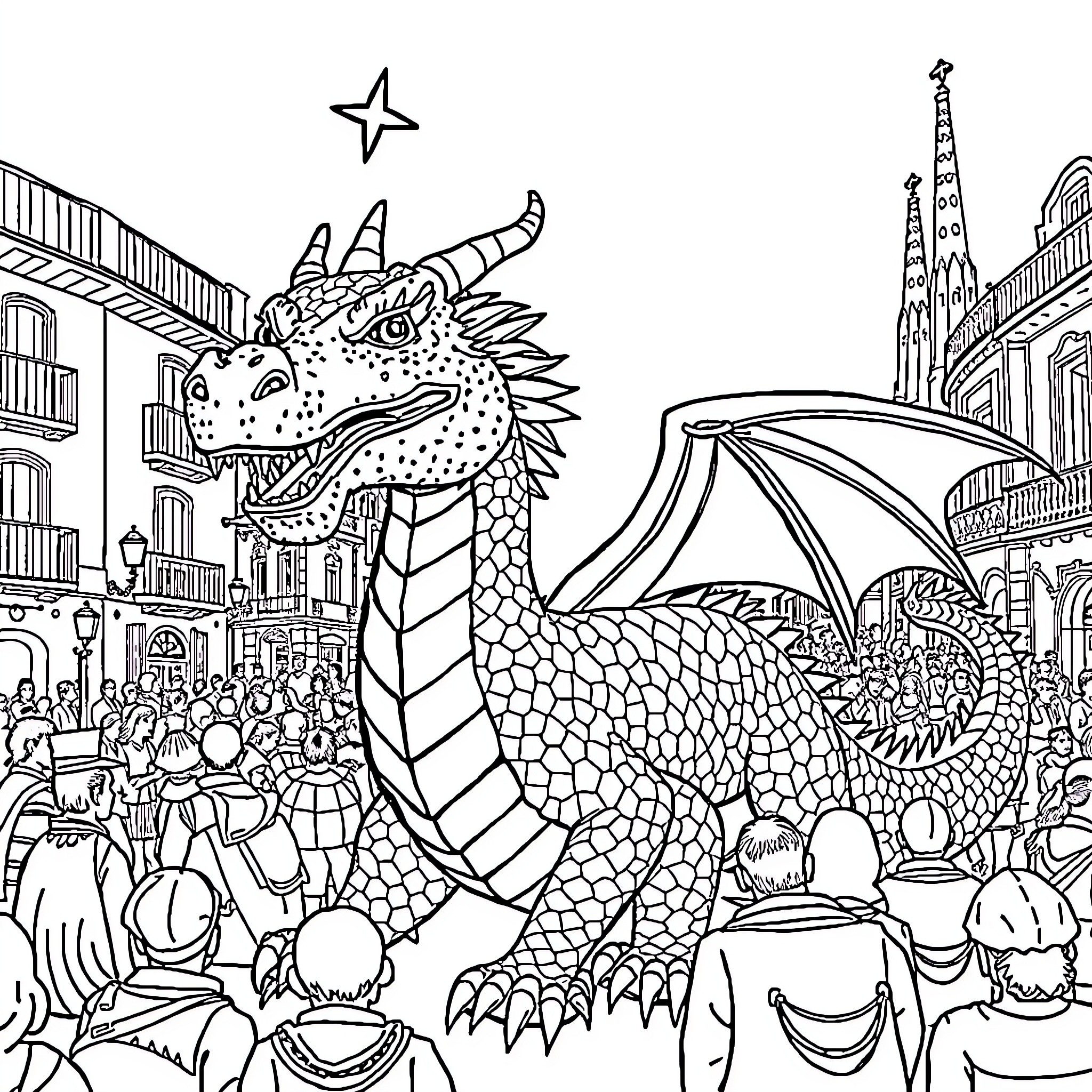 Dragon Parading through a Lively City Street Coloring Page (free black-and-white line drawing printable PDF for all, from beginners to advanced learners, including children, teens, adults, and seniors)