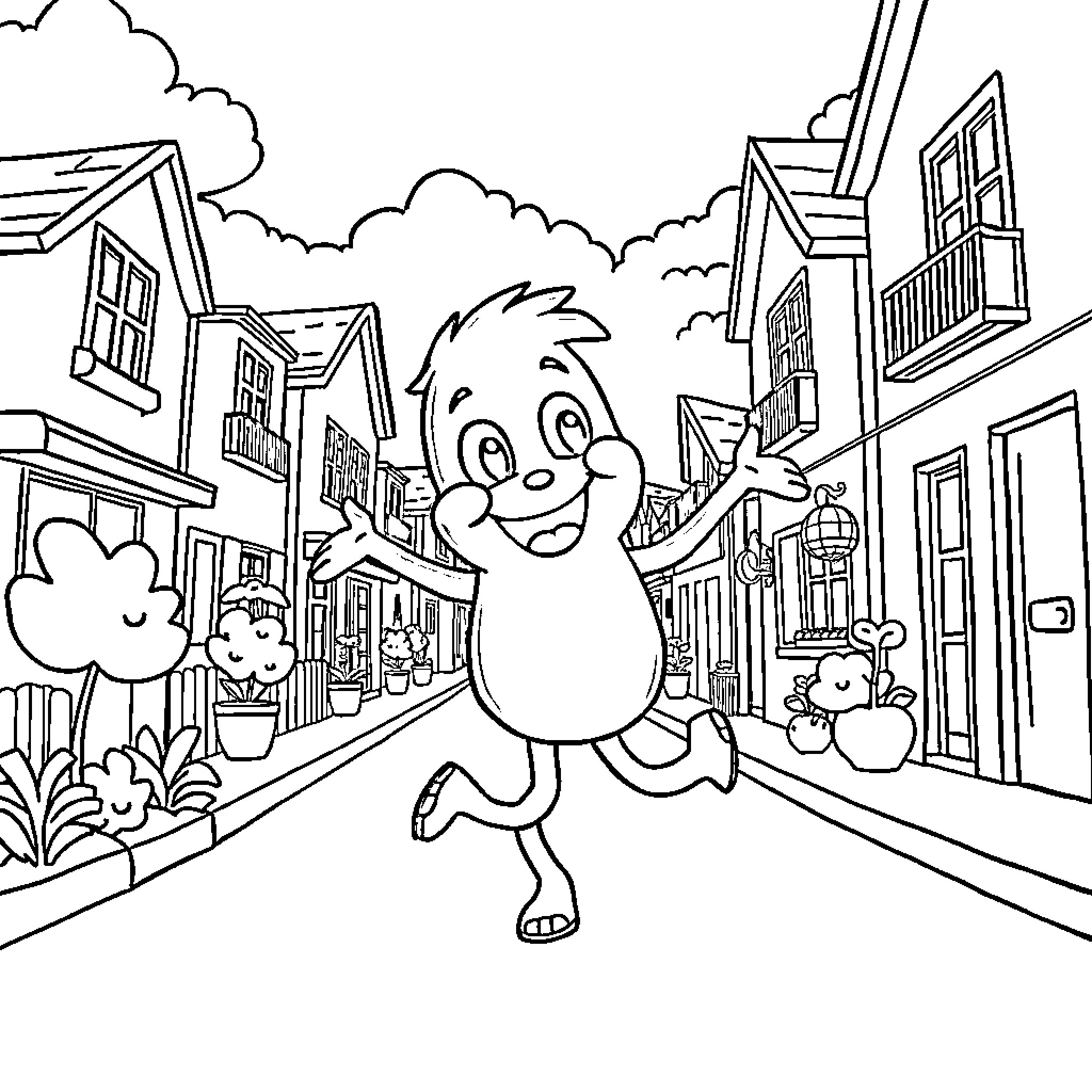 Bluey running happily through the town Coloring Page (free black-and-white line drawing printable PDF for all, from beginners to advanced learners, including children, teens, adults, and seniors)