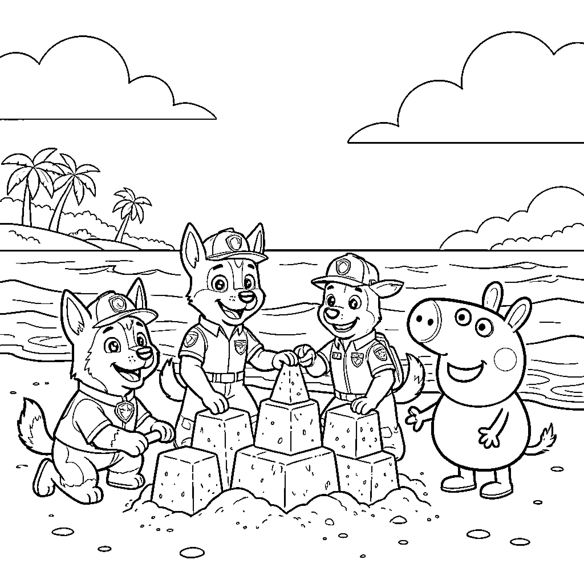 Paw Patrol on a Beach Adventure Coloring Page (free black-and-white line drawing printable PDF for all, from beginners to advanced learners, including children, teens, adults, and seniors)
