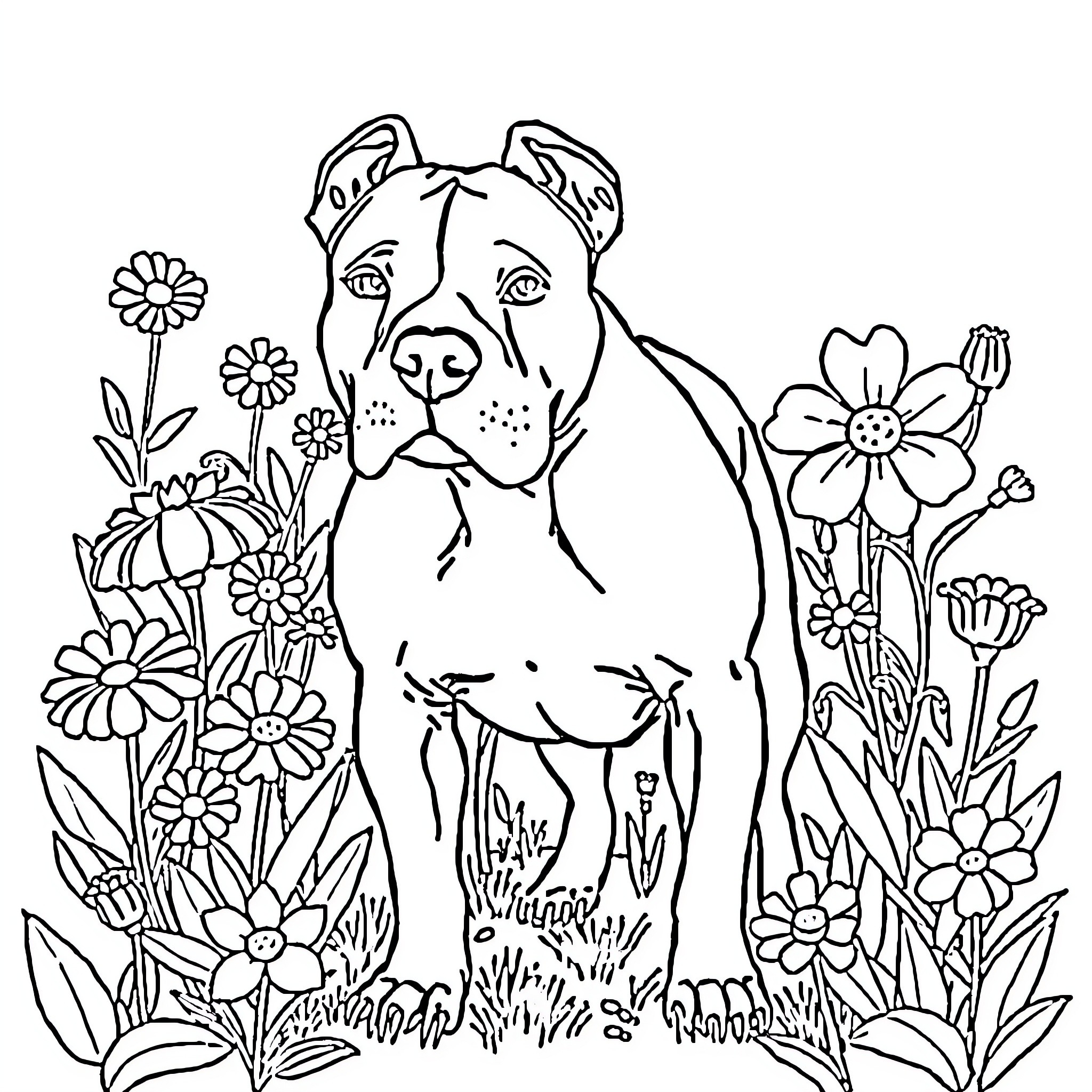 Pitbull surrounded by vibrant flowers and nature Coloring Page (free black-and-white line drawing printable PDF for all, from beginners to advanced learners, including children, teens, adults, and seniors)