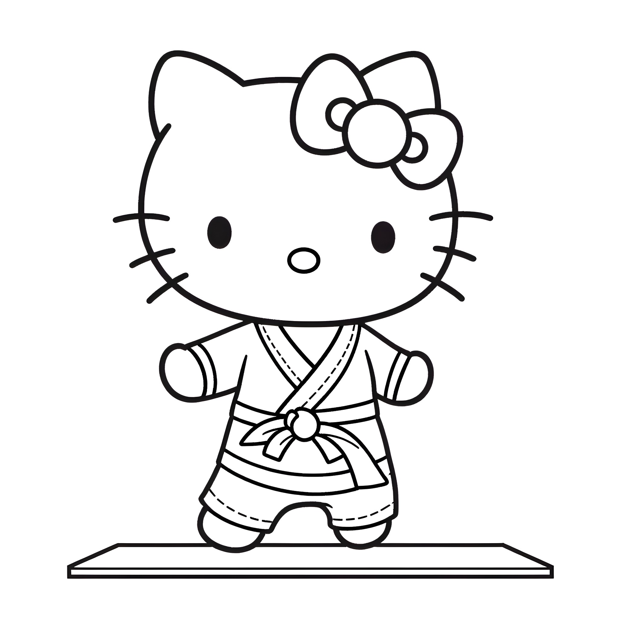 Hello Kitty in traditional Japanese outfit Coloring Page (free black-and-white line drawing printable PDF for all, from beginners to advanced learners, including children, teens, adults, and seniors)