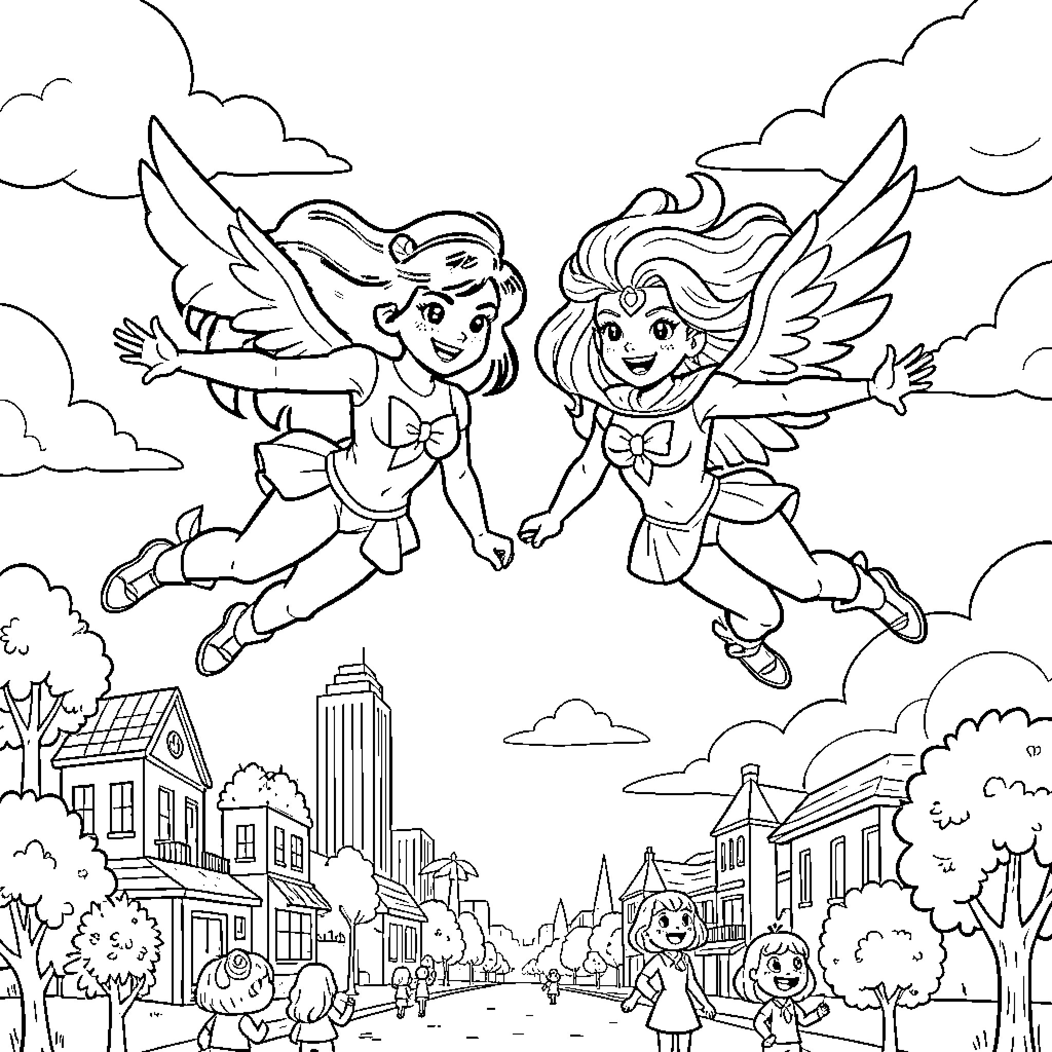 Powerpuff Girls soaring over the city Coloring Page (free black-and-white line drawing printable PDF for all, from beginners to advanced learners, including children, teens, adults, and seniors)