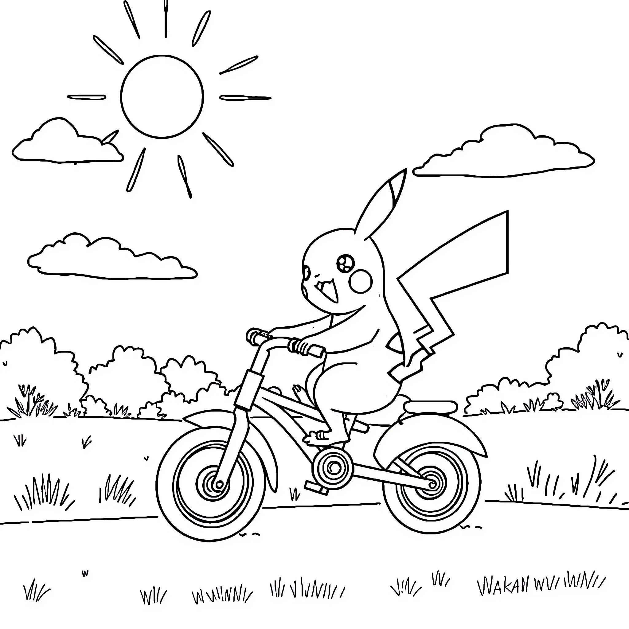 Pikachu riding a motorcycle in a sunny landscape Coloring Page (free black-and-white line drawing printable PDF for all, from beginners to advanced learners, including children, teens, adults, and seniors)