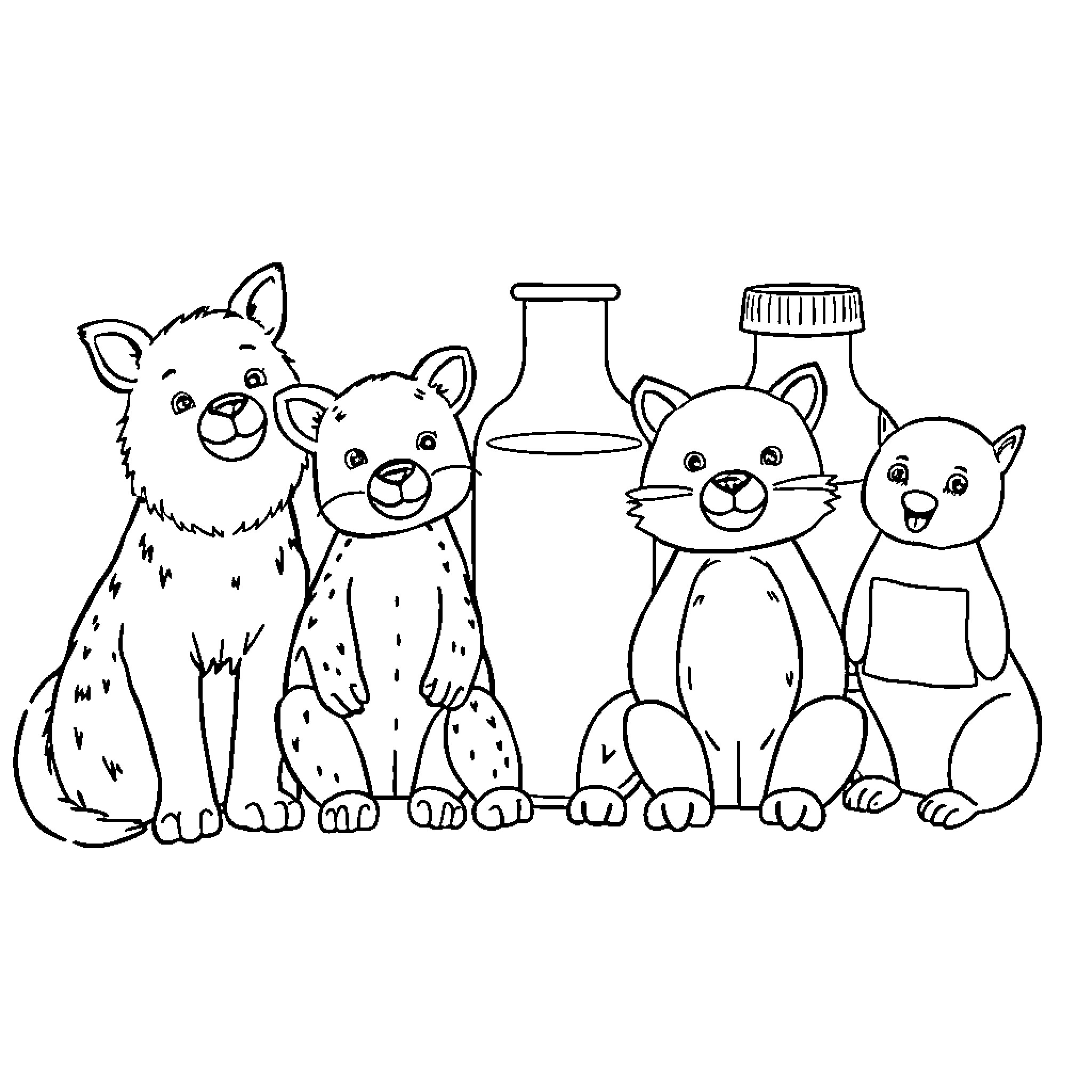 Animal friends exploring science experiment Coloring Page (free black-and-white line drawing printable PDF for all, from beginners to advanced learners, including children, teens, adults, and seniors)