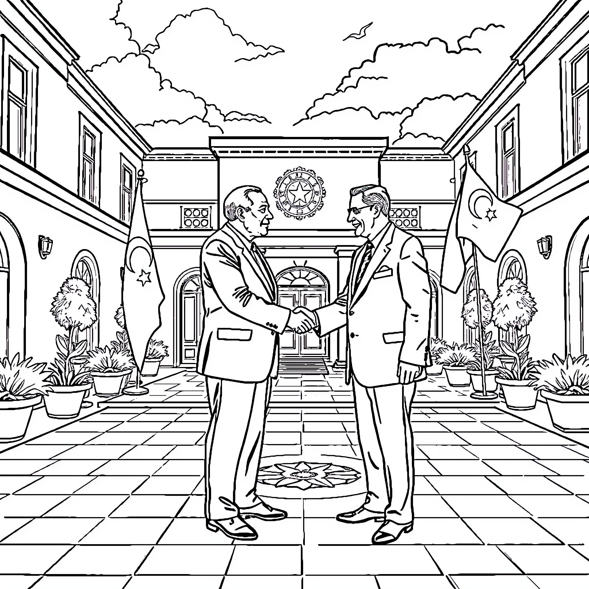Turkey Two Men Shaking Hands in Formal Setting Coloring Page (free black-and-white line drawing printable PDF for all, from beginners to advanced learners, including children, teens, adults, and seniors)