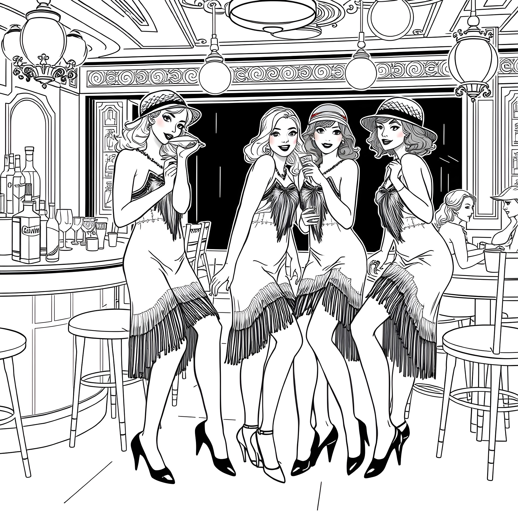 Women dancing and enjoying themselves in a bar Coloring Page (free black-and-white line drawing printable PDF for all, from beginners to advanced learners, including children, teens, adults, and seniors)