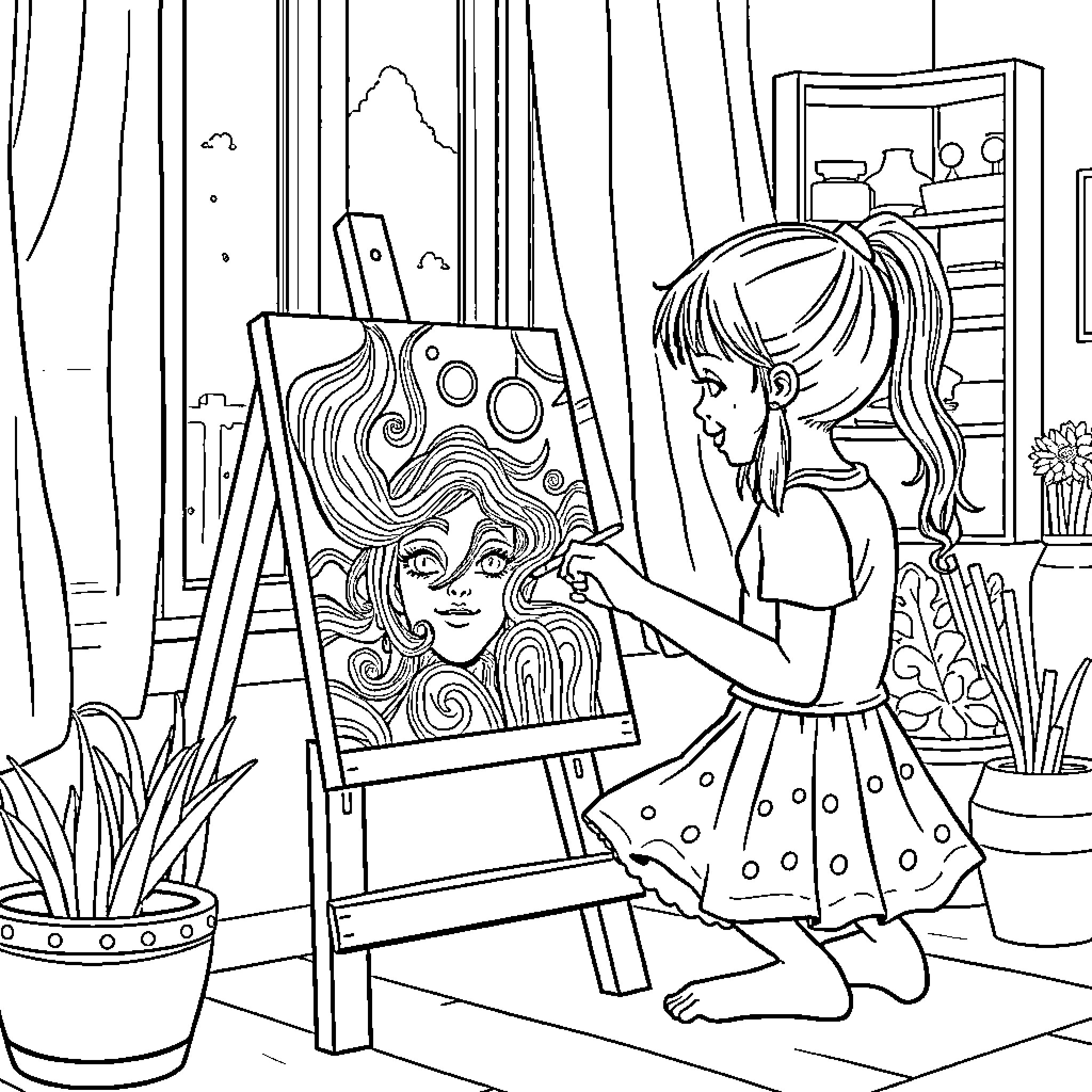 Girl painting a colorful portrait in the studio Coloring Page (free black-and-white line drawing printable PDF for all, from beginners to advanced learners, including children, teens, adults, and seniors)