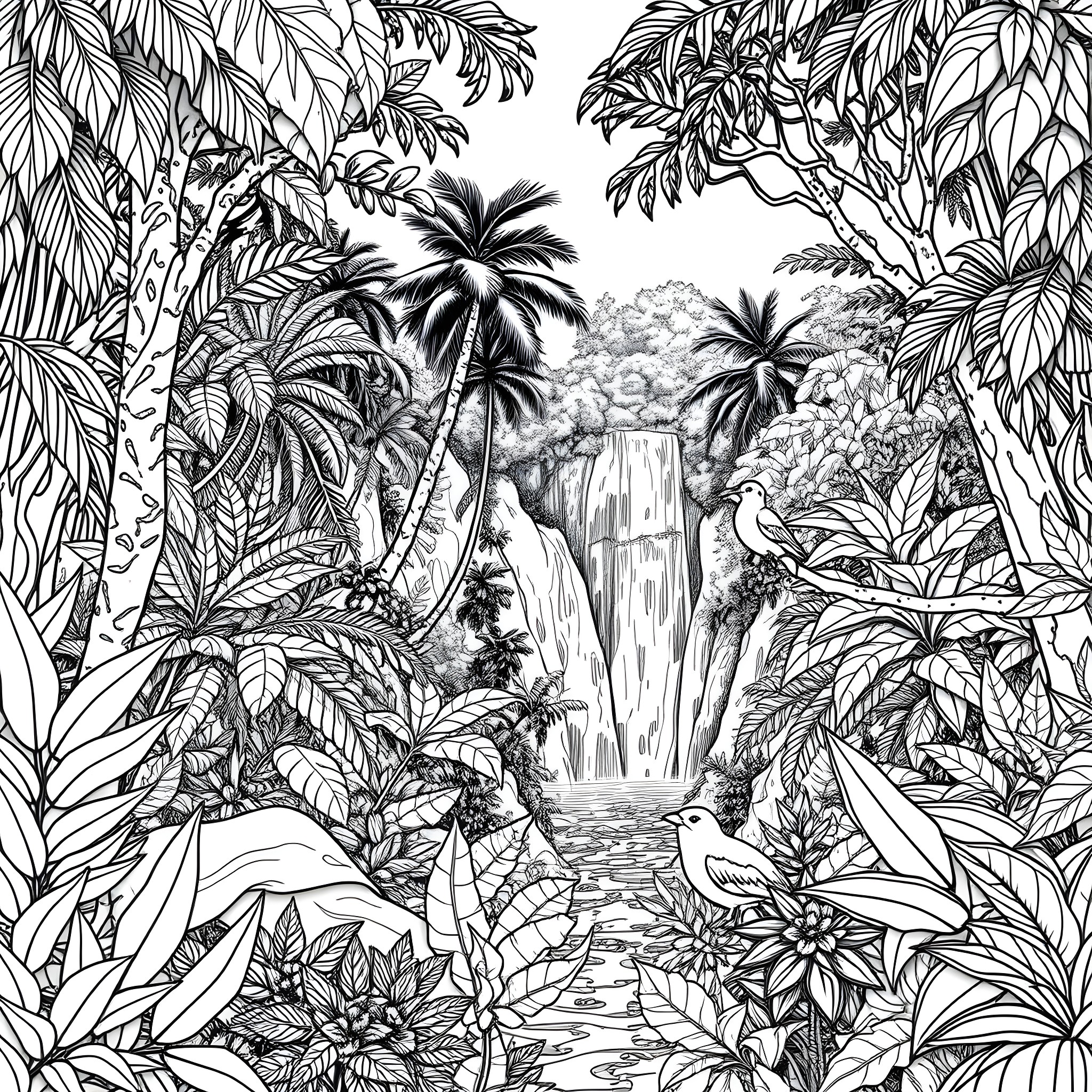 Rainforest Waterfall Scene with Tropical Foliage Coloring Page (free black-and-white line drawing printable PDF for all, from beginners to advanced learners, including children, teens, adults, and seniors)