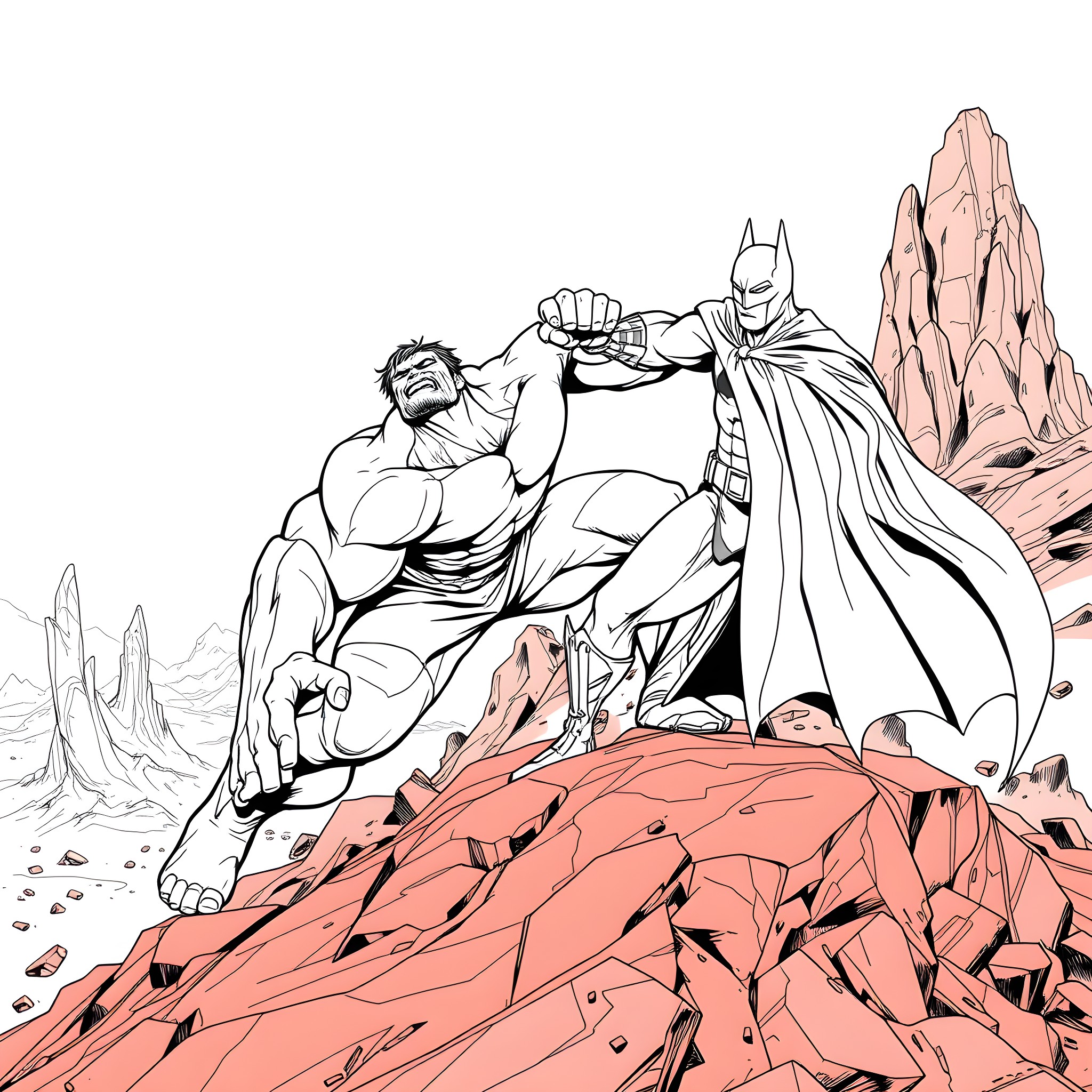 Hulk and Batman heroic actions in the desert Coloring Page (free black-and-white line drawing printable PDF for all, from beginners to advanced learners, including children, teens, adults, and seniors)