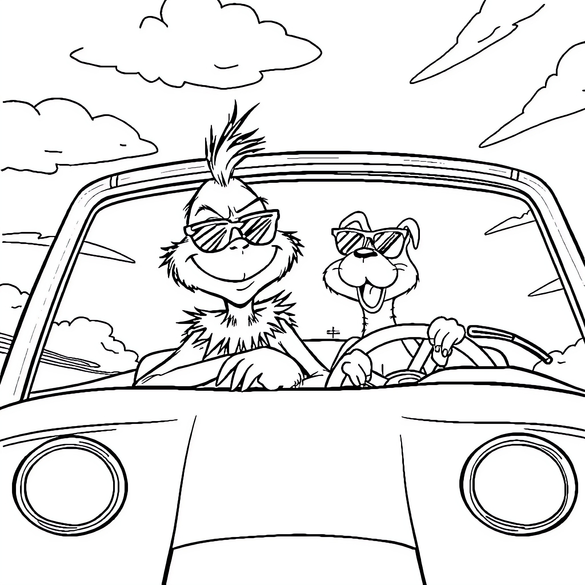 Grinch and dog driving in a car Coloring Page (free black-and-white line drawing printable PDF for all, from beginners to advanced learners, including children, teens, adults, and seniors)