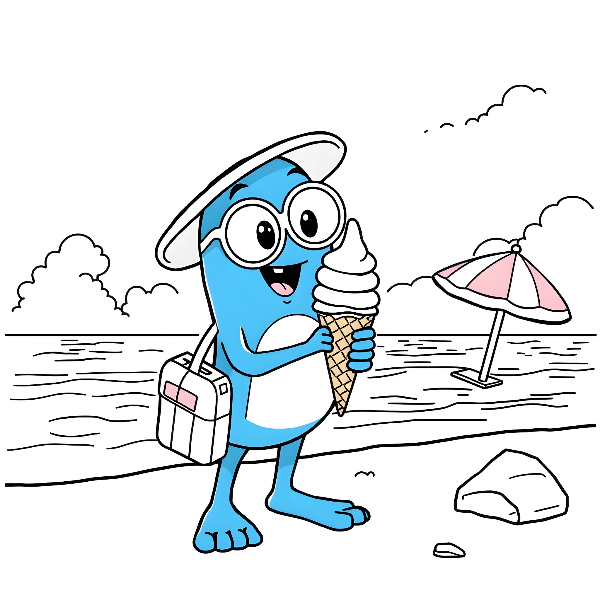 Bluey's Beach Day Adventure Coloring Page (free black-and-white line drawing printable PDF for all, from beginners to advanced learners, including children, teens, adults, and seniors)