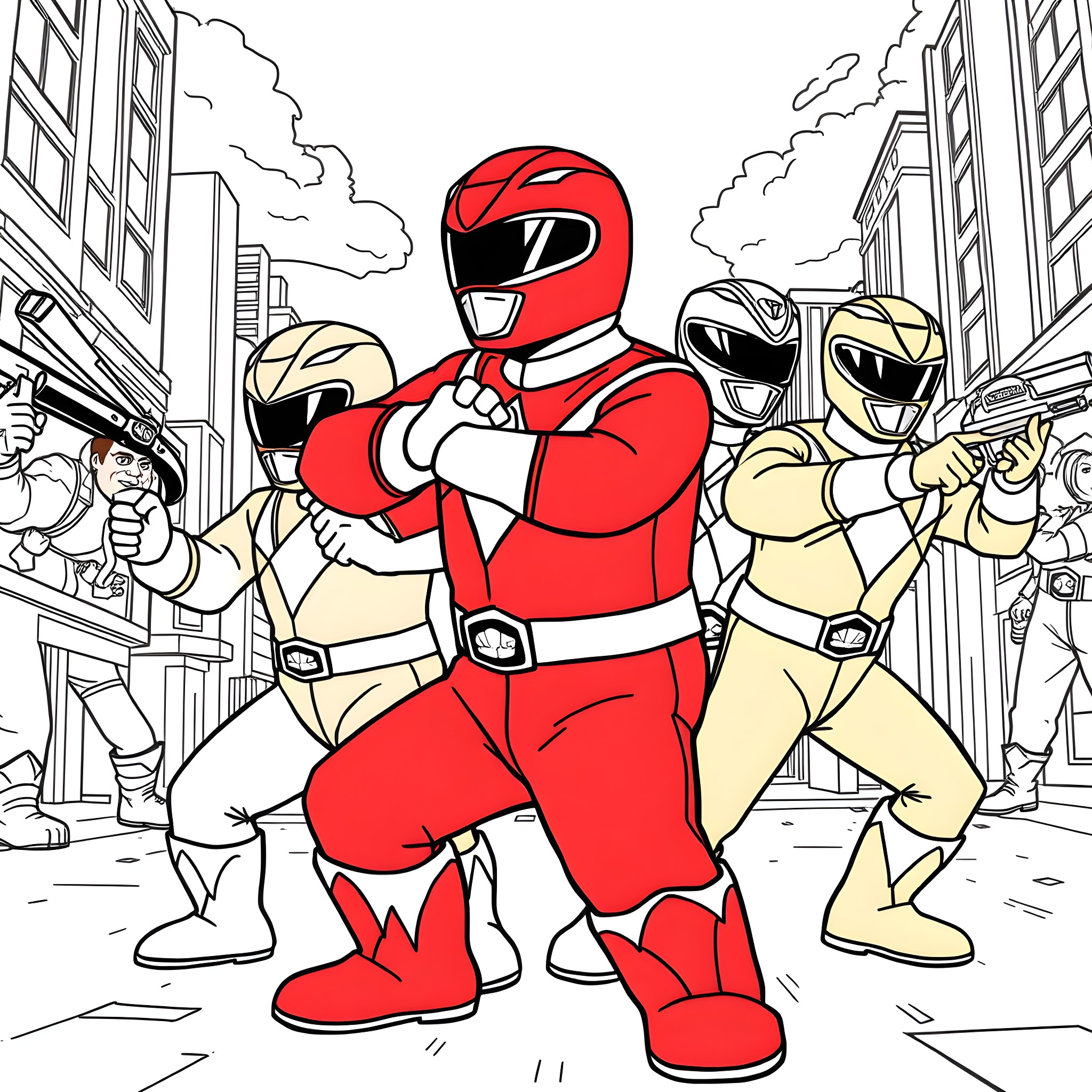 Family Guy Power Rangers Pose in City Coloring Page (free black-and-white line drawing printable PDF for all, from beginners to advanced learners, including children, teens, adults, and seniors)