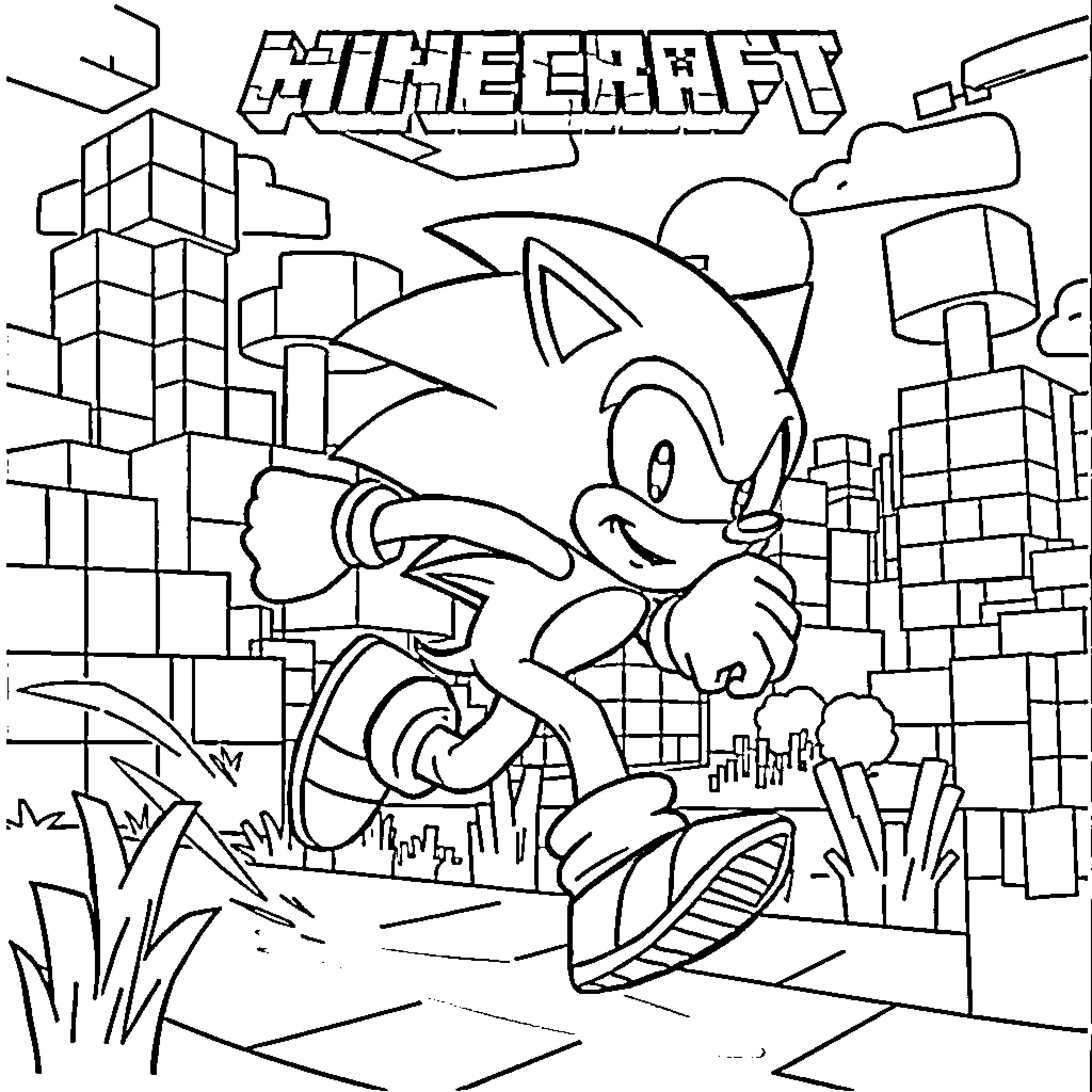 Sonic exploring the Minecraft world Coloring Page (free black-and-white line drawing printable PDF for all, from beginners to advanced learners, including children, teens, adults, and seniors)