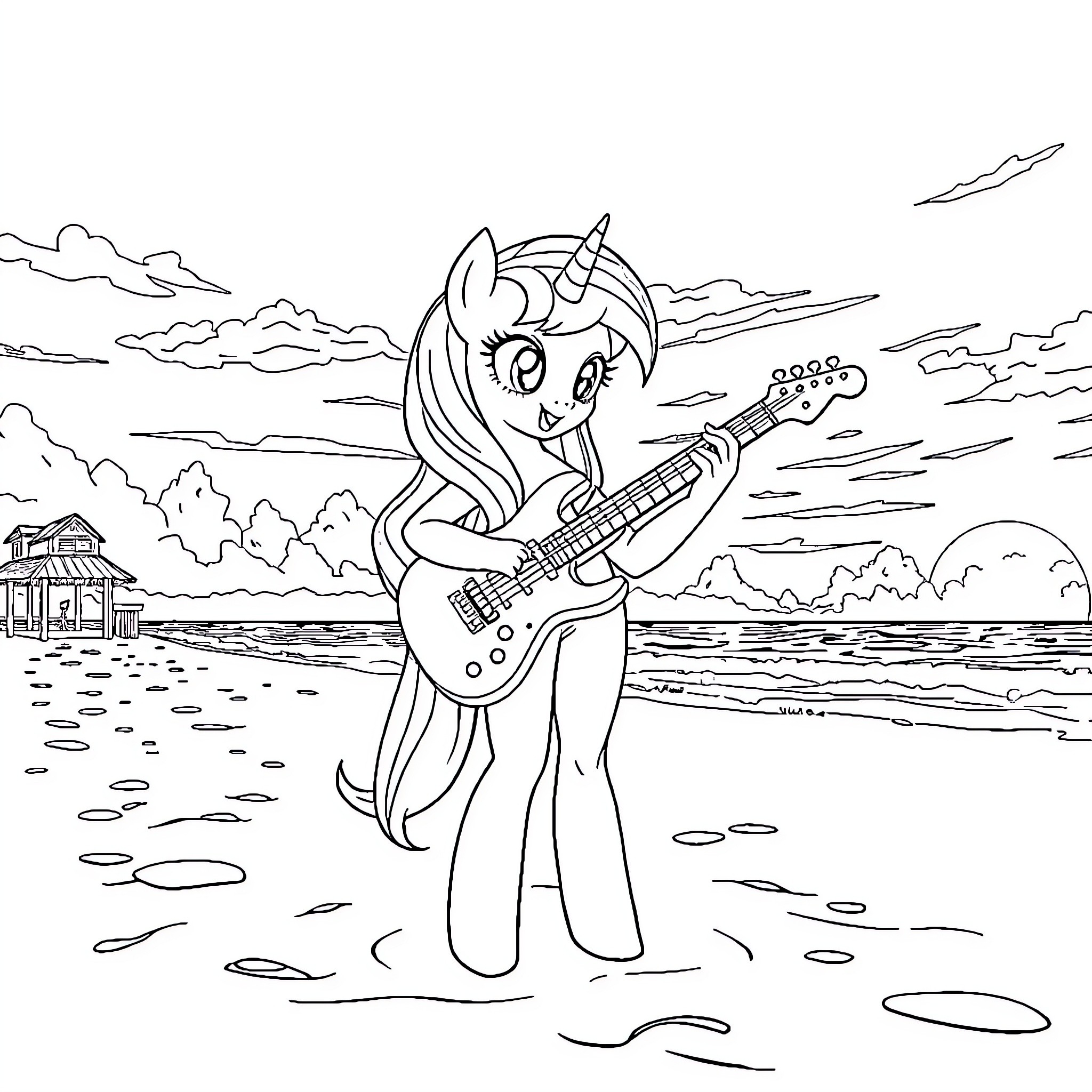 Twilight Sparkle playing electric guitar by the lake Coloring Page (free black-and-white line drawing printable PDF for all, from beginners to advanced learners, including children, teens, adults, and seniors)