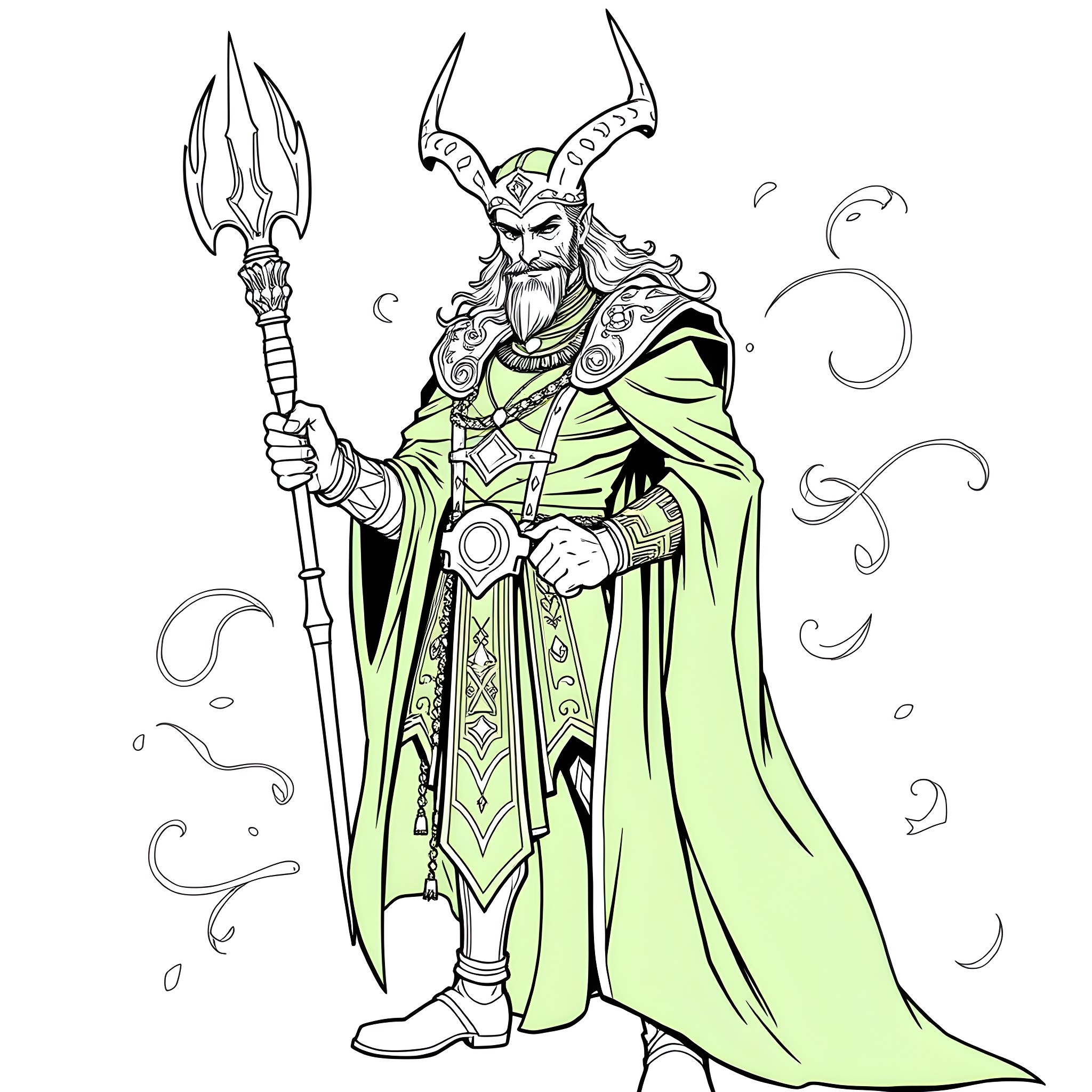 Loki the Mighty Warrior in Regal Attire Coloring Page (free black-and-white line drawing printable PDF for all, from beginners to advanced learners, including children, teens, adults, and seniors)