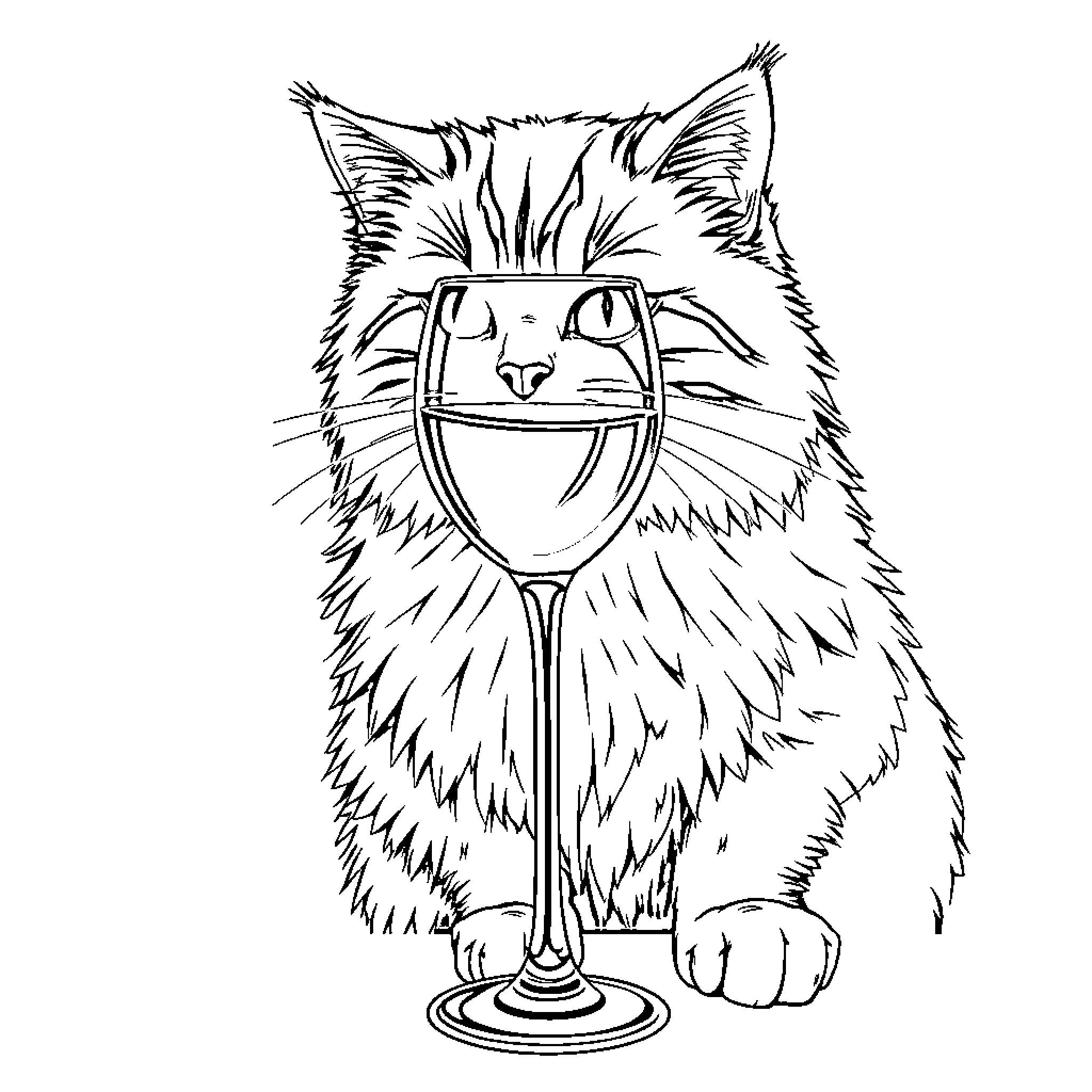 Cat enjoying a glass of wine Coloring Page (free black-and-white line drawing printable PDF for all, from beginners to advanced learners, including children, teens, adults, and seniors)