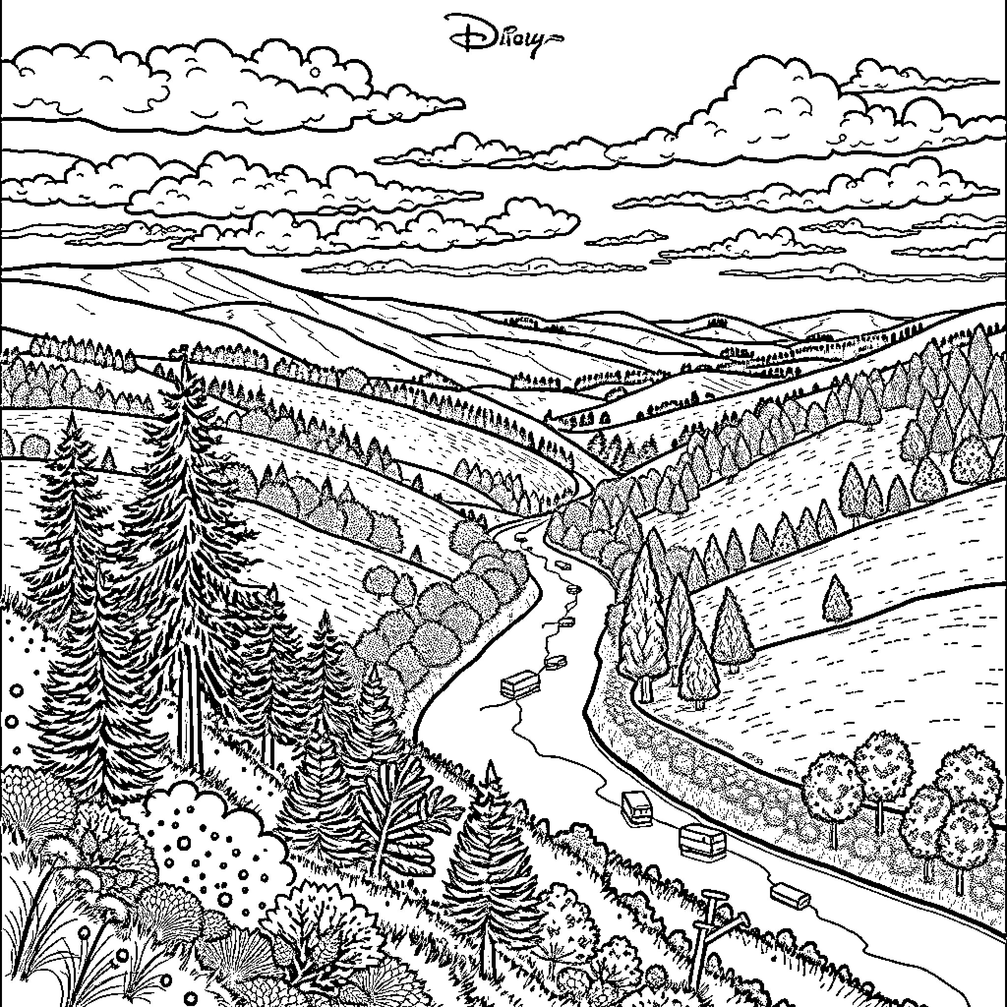 Landscape of a winding path through a forested countryside Coloring Page (free black-and-white line drawing printable PDF for all, from beginners to advanced learners, including children, teens, adults, and seniors)